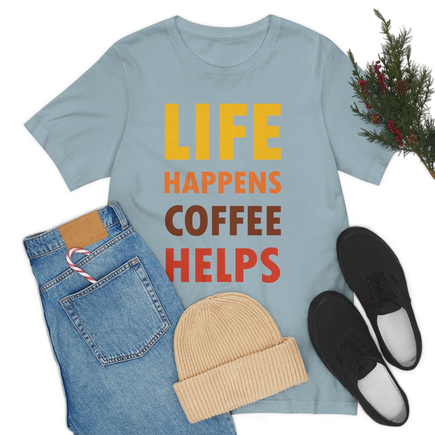 Life Happens Coffee Helps Quotes Caffeine Lover Unisex Jersey Short Sleeve T-Shirt Ichaku [Perfect Gifts Selection]