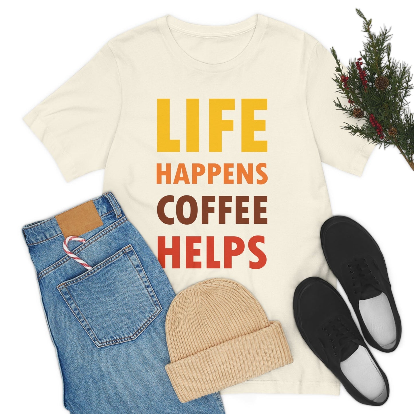 Life Happens Coffee Helps Quotes Caffeine Lover Unisex Jersey Short Sleeve T-Shirt Ichaku [Perfect Gifts Selection]