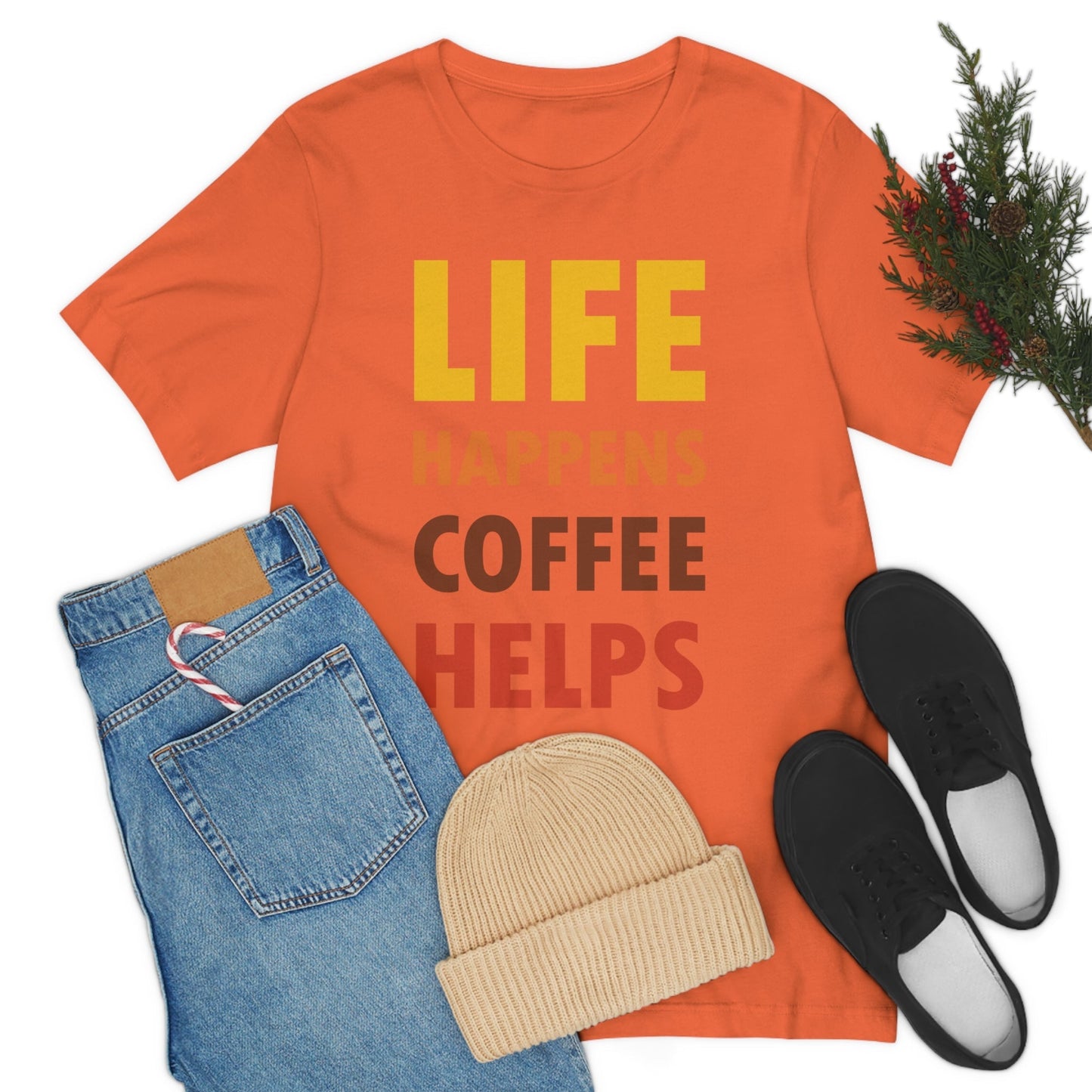 Life Happens Coffee Helps Quotes Caffeine Lover Unisex Jersey Short Sleeve T-Shirt Ichaku [Perfect Gifts Selection]