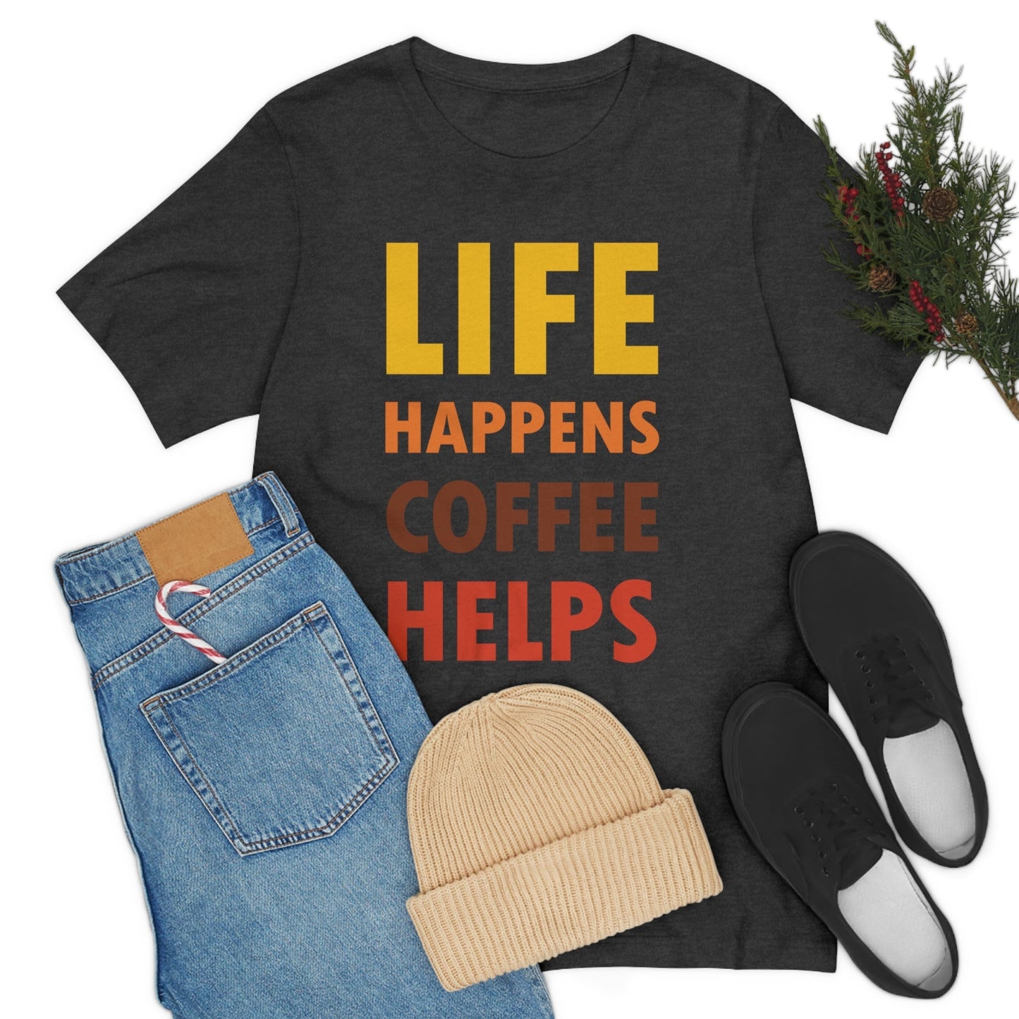 Life Happens Coffee Helps Quotes Caffeine Lover Unisex Jersey Short Sleeve T-Shirt Ichaku [Perfect Gifts Selection]