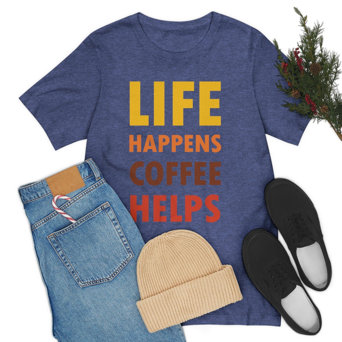 Life Happens Coffee Helps Quotes Caffeine Lover Unisex Jersey Short Sleeve T-Shirt Ichaku [Perfect Gifts Selection]