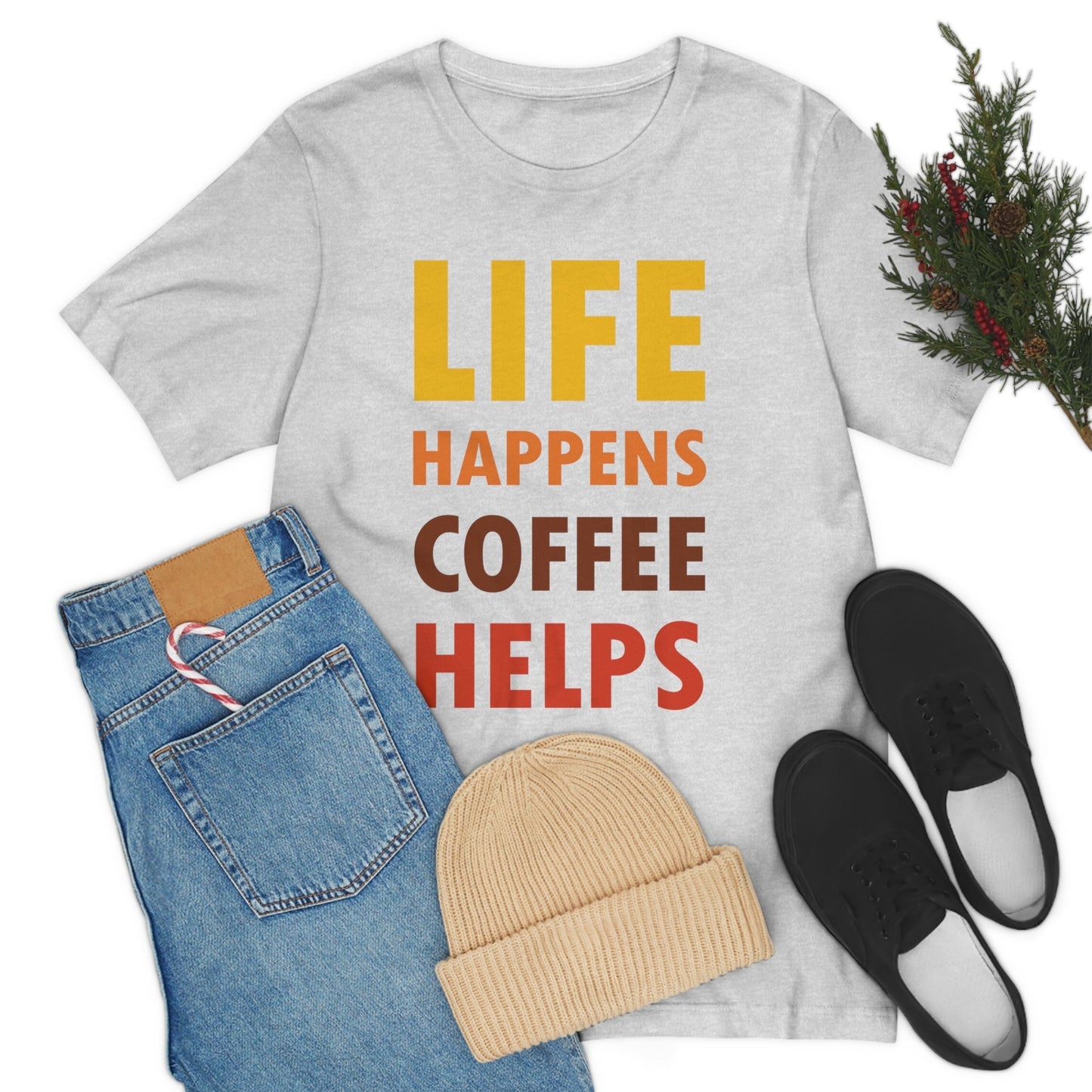 Life Happens Coffee Helps Quotes Caffeine Lover Unisex Jersey Short Sleeve T-Shirt Ichaku [Perfect Gifts Selection]