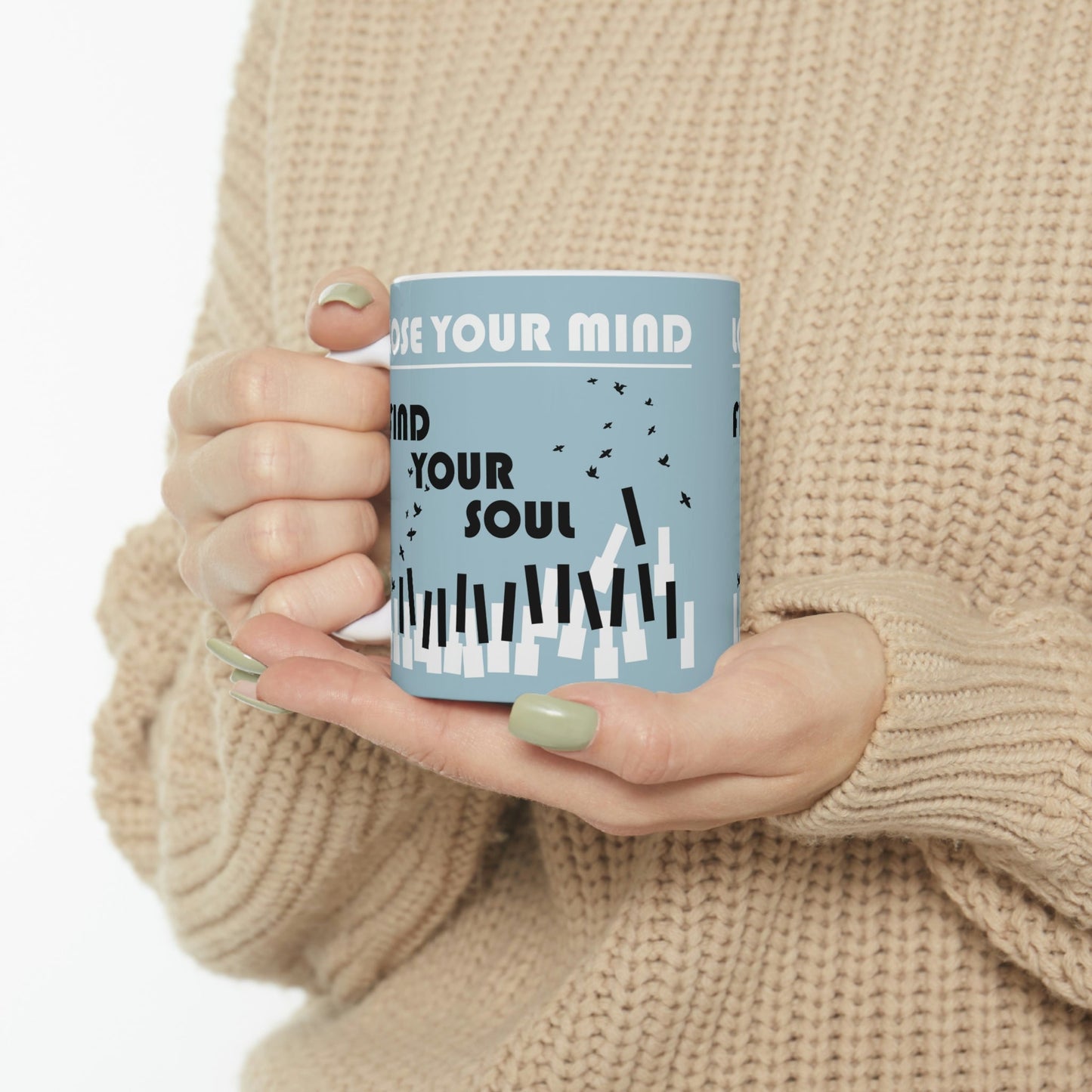 Lose Your Mind Find your Soul Flying birds Piano Keys Music Art Ceramic Mug 11oz Ichaku [Perfect Gifts Selection]