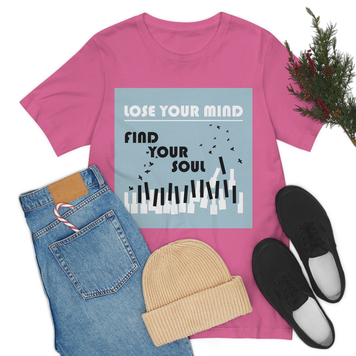 Lose Your Mind Find your Soul Flying birds Piano Keys Music Art Typography Unisex Jersey Short Sleeve T-Shirt Ichaku [Perfect Gifts Selection]