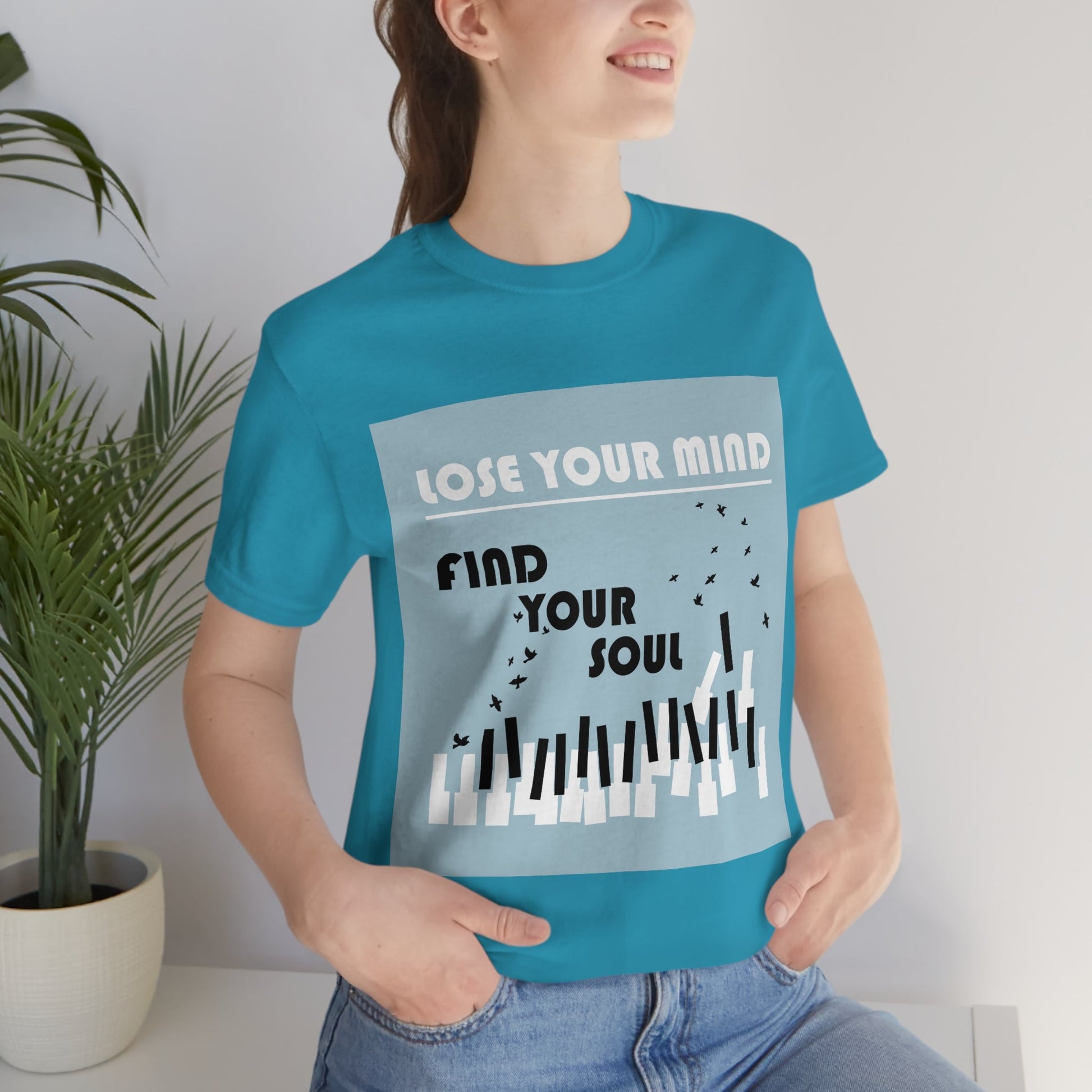 Lose Your Mind Find your Soul Flying birds Piano Keys Music Art Typography Unisex Jersey Short Sleeve T-Shirt Ichaku [Perfect Gifts Selection]