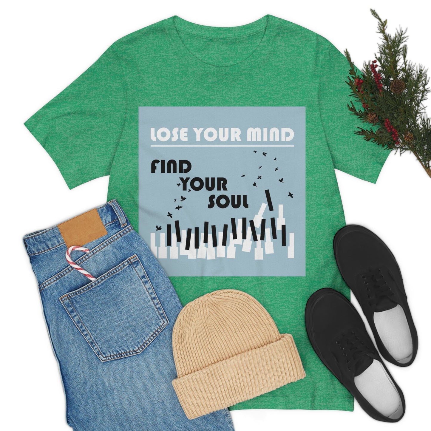 Lose Your Mind Find your Soul Flying birds Piano Keys Music Art Typography Unisex Jersey Short Sleeve T-Shirt Ichaku [Perfect Gifts Selection]