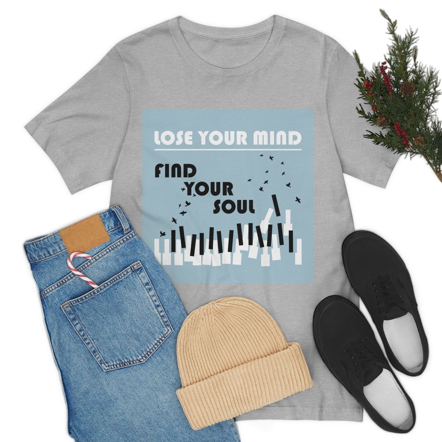 Lose Your Mind Find your Soul Flying birds Piano Keys Music Art Typography Unisex Jersey Short Sleeve T-Shirt Ichaku [Perfect Gifts Selection]