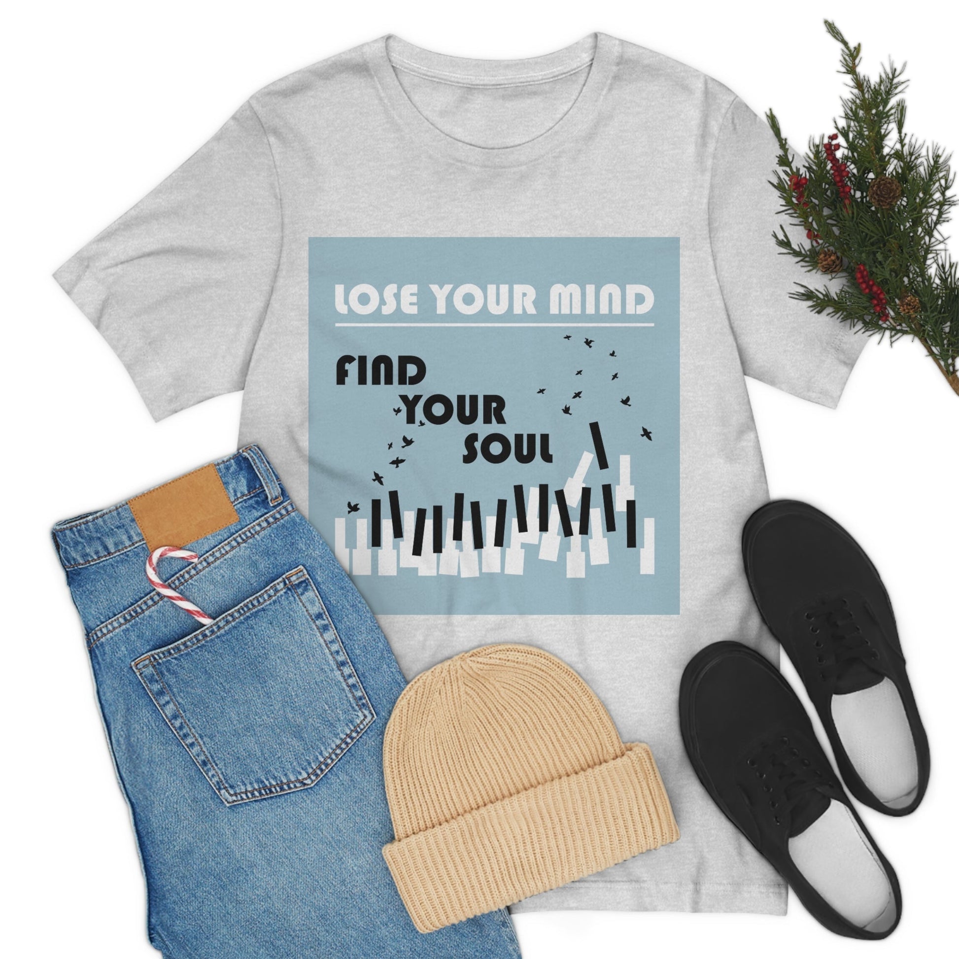 Lose Your Mind Find your Soul Flying birds Piano Keys Music Art Typography Unisex Jersey Short Sleeve T-Shirt Ichaku [Perfect Gifts Selection]