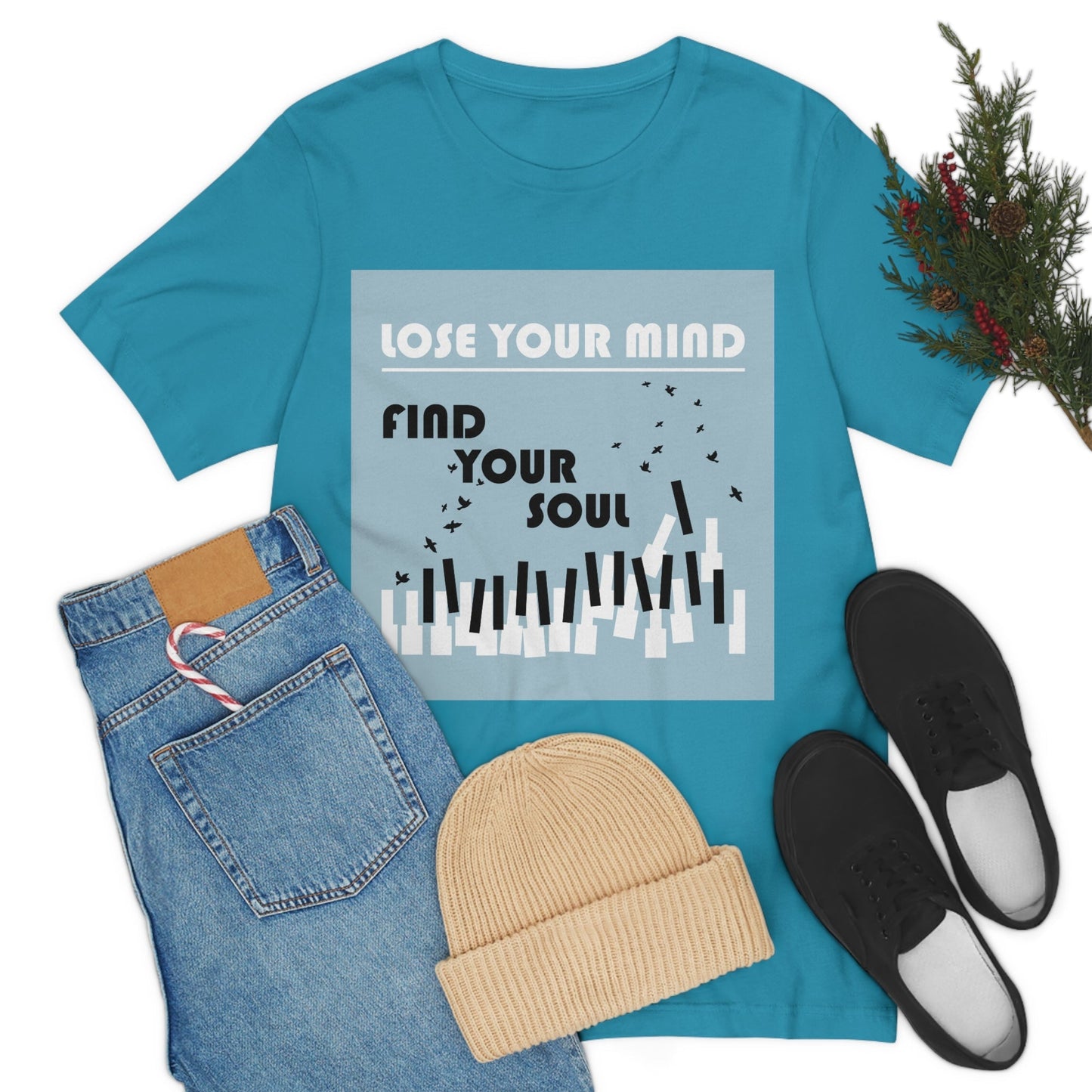 Lose Your Mind Find your Soul Flying birds Piano Keys Music Art Typography Unisex Jersey Short Sleeve T-Shirt Ichaku [Perfect Gifts Selection]