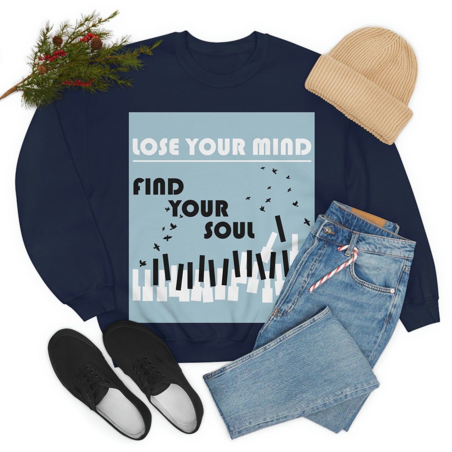 Lose Your Mind Find your Soul Flying birds Piano Keys Music Art Unisex Heavy Blend™ Crewneck Sweatshirt Ichaku [Perfect Gifts Selection]