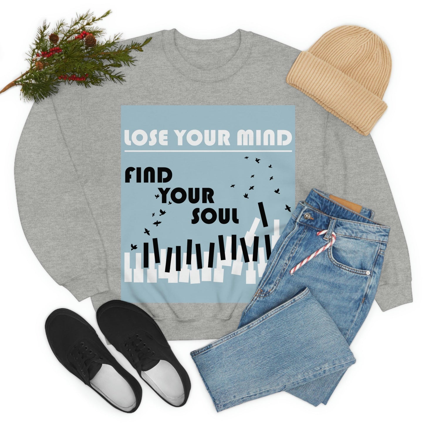 Lose Your Mind Find your Soul Flying birds Piano Keys Music Art Unisex Heavy Blend™ Crewneck Sweatshirt Ichaku [Perfect Gifts Selection]