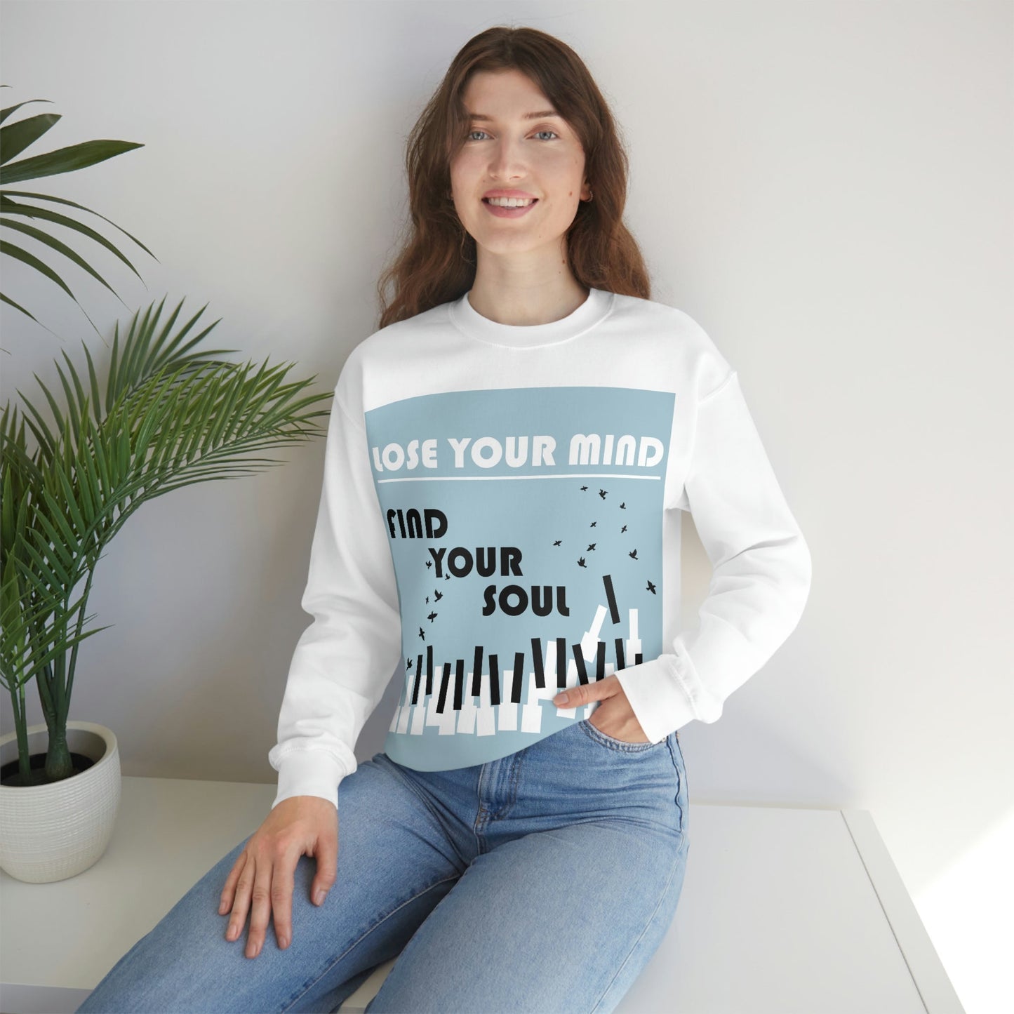 Lose Your Mind Find your Soul Flying birds Piano Keys Music Art Unisex Heavy Blend™ Crewneck Sweatshirt Ichaku [Perfect Gifts Selection]