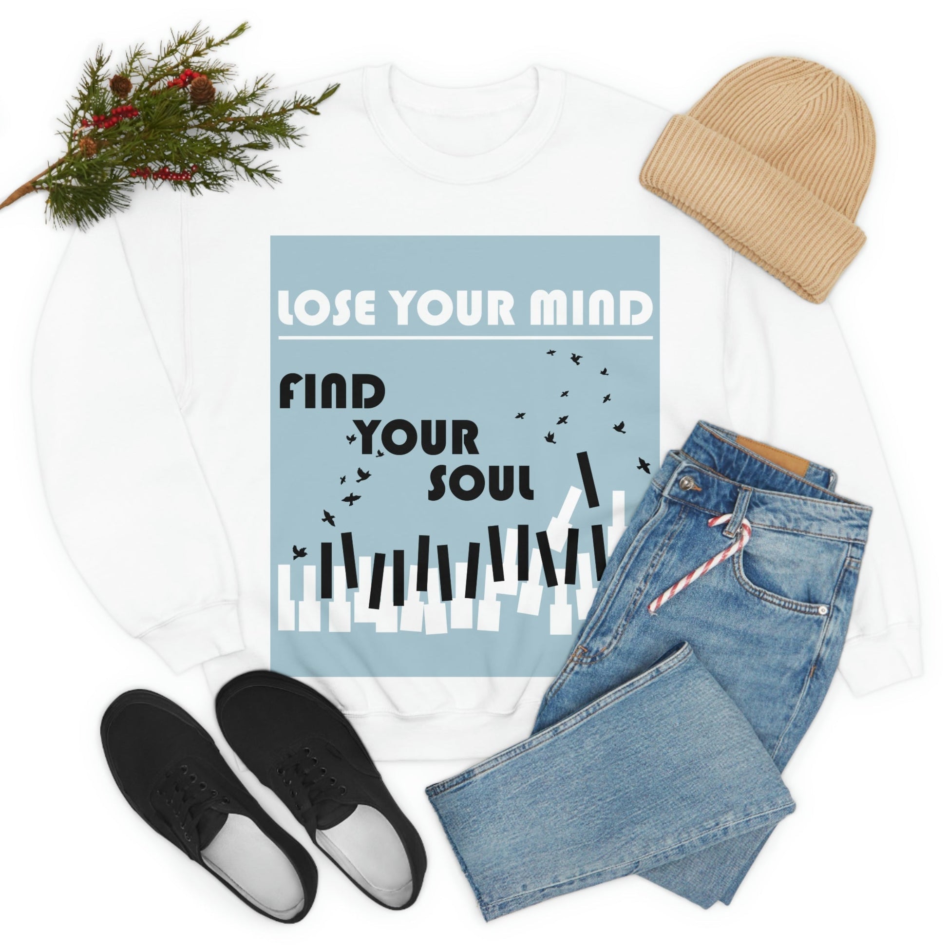 Lose Your Mind Find your Soul Flying birds Piano Keys Music Art Unisex Heavy Blend™ Crewneck Sweatshirt Ichaku [Perfect Gifts Selection]