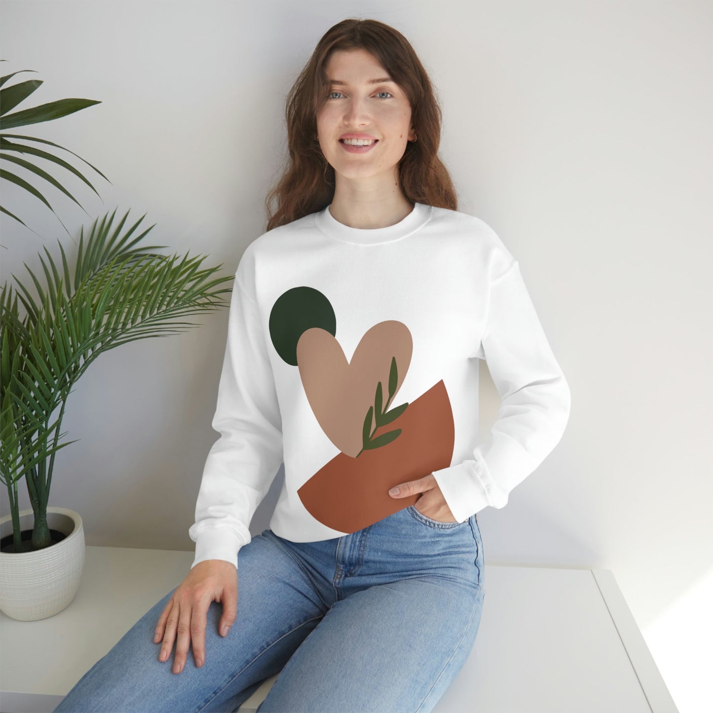 Love Leaf Beige Aesthetic Minimal Art Unisex Heavy Blend™ Crewneck Sweatshirt Ichaku [Perfect Gifts Selection]