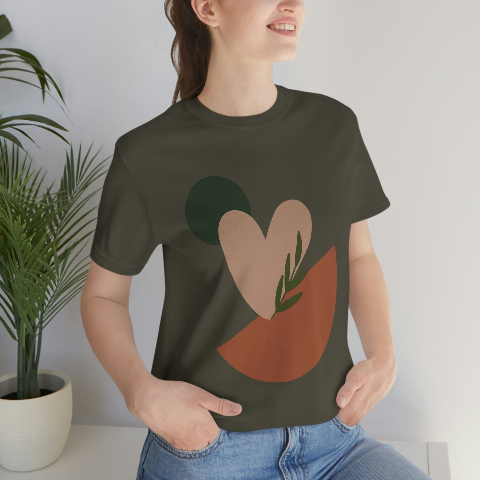 Love Leaf Beige Aesthetic Minimal Art Unisex Jersey Short Sleeve T-Shirt Ichaku [Perfect Gifts Selection]