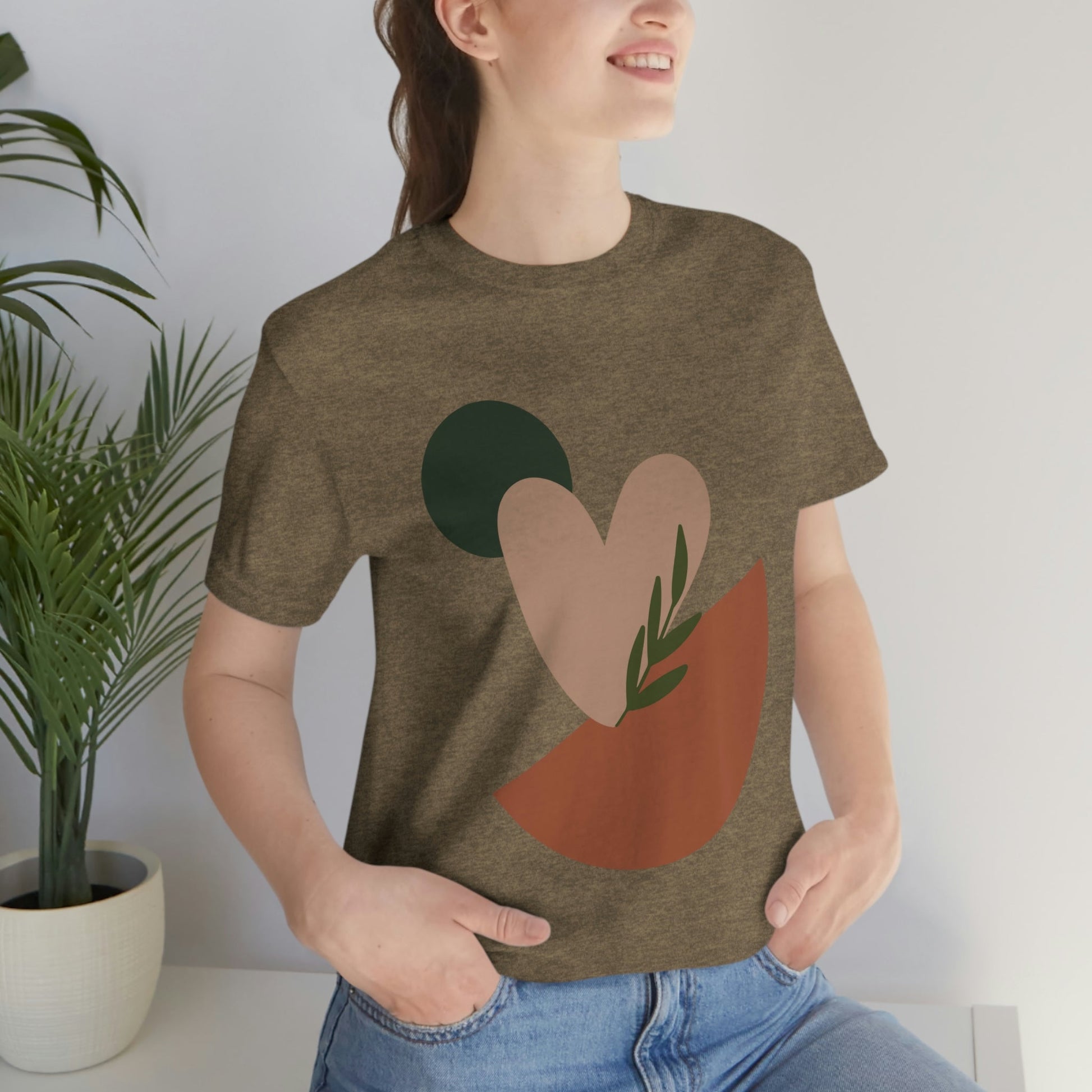 Love Leaf Beige Aesthetic Minimal Art Unisex Jersey Short Sleeve T-Shirt Ichaku [Perfect Gifts Selection]