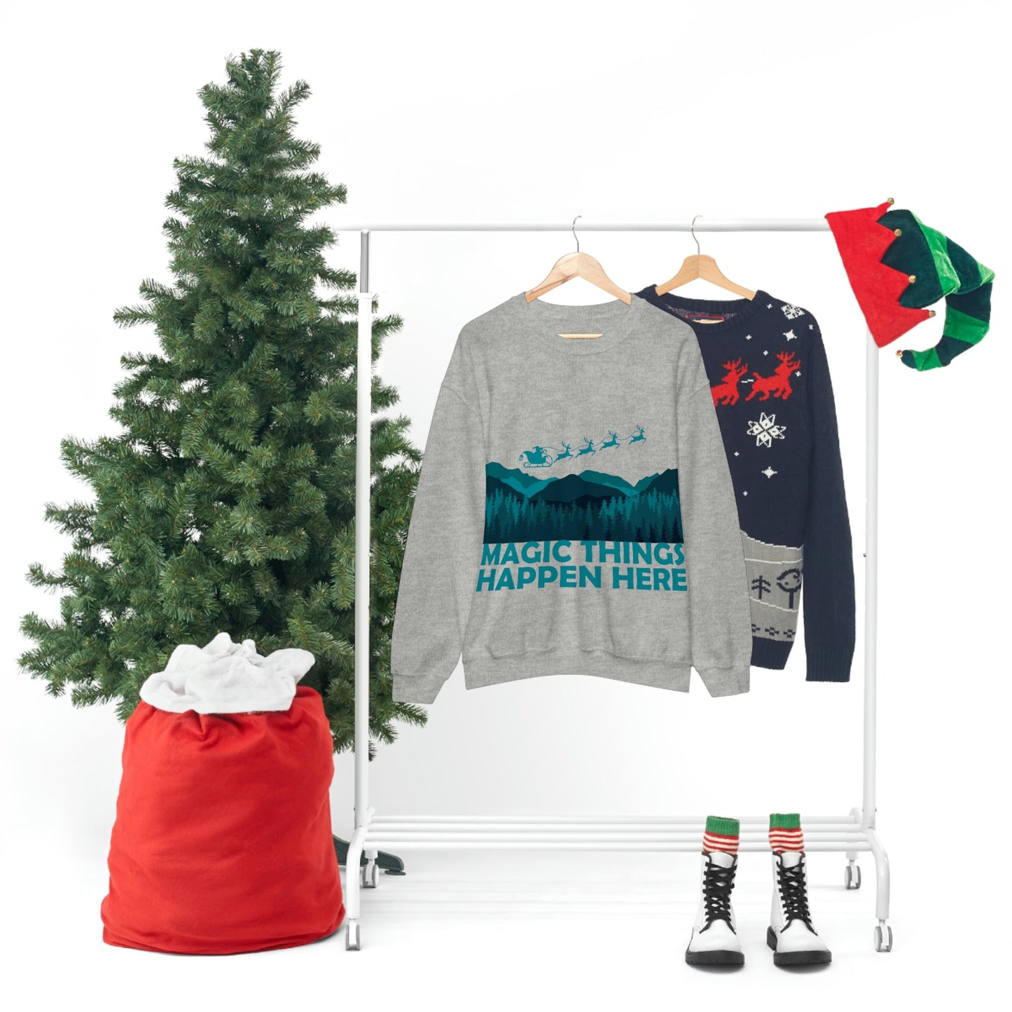 Magic Things Happen Here Santa Merry Christmas Unisex Heavy Blend™ Crewneck Sweatshirt Ichaku [Perfect Gifts Selection]