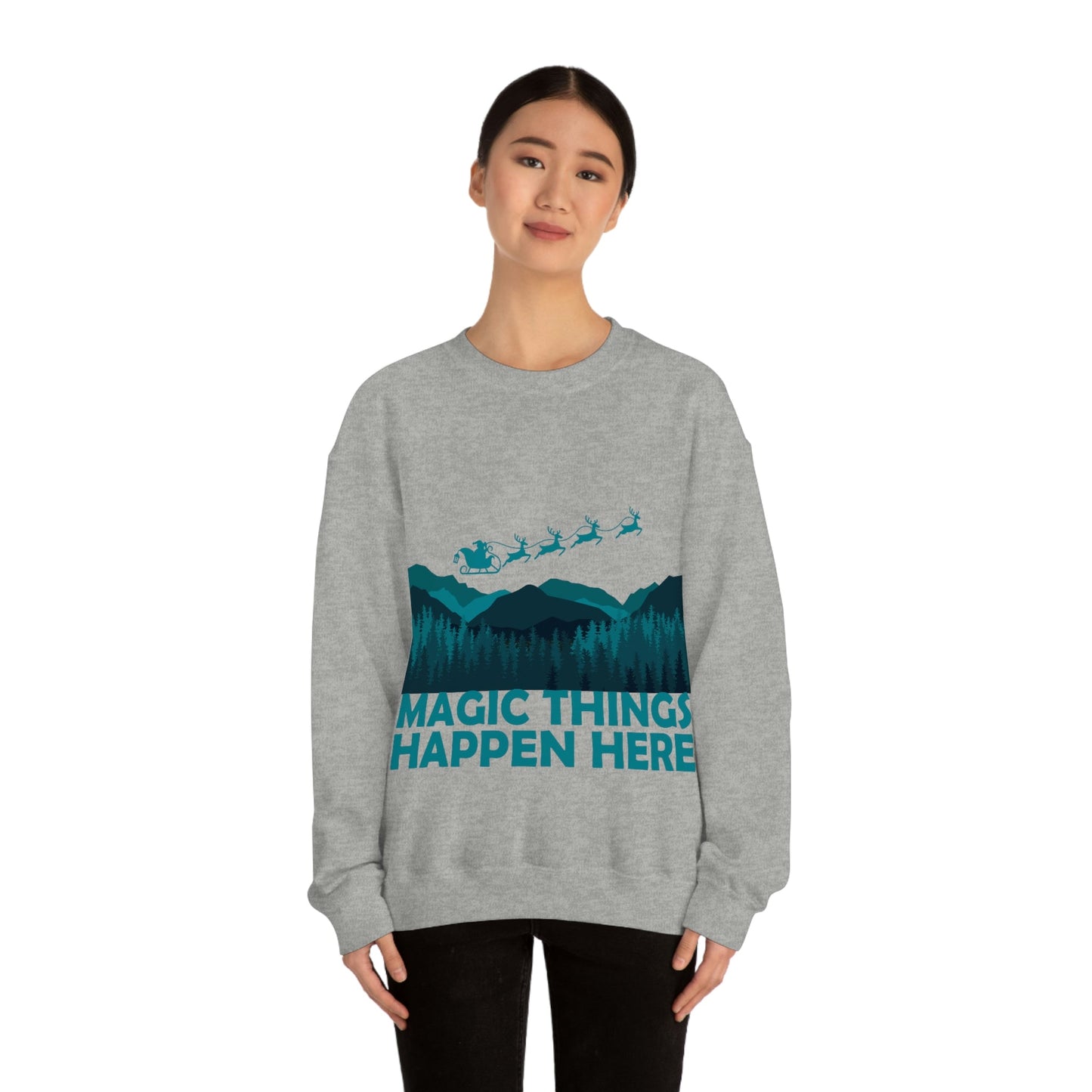 Magic Things Happen Here Santa Merry Christmas Unisex Heavy Blend™ Crewneck Sweatshirt Ichaku [Perfect Gifts Selection]