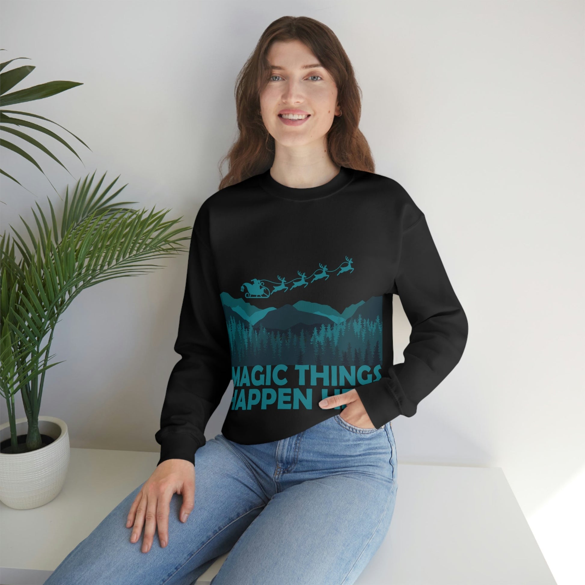 Magic Things Happen Here Santa Merry Christmas Unisex Heavy Blend™ Crewneck Sweatshirt Ichaku [Perfect Gifts Selection]