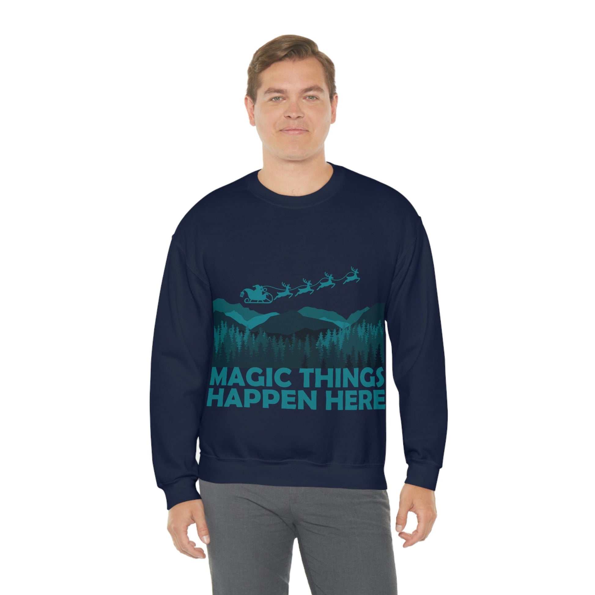 Magic Things Happen Here Santa Merry Christmas Unisex Heavy Blend™ Crewneck Sweatshirt Ichaku [Perfect Gifts Selection]