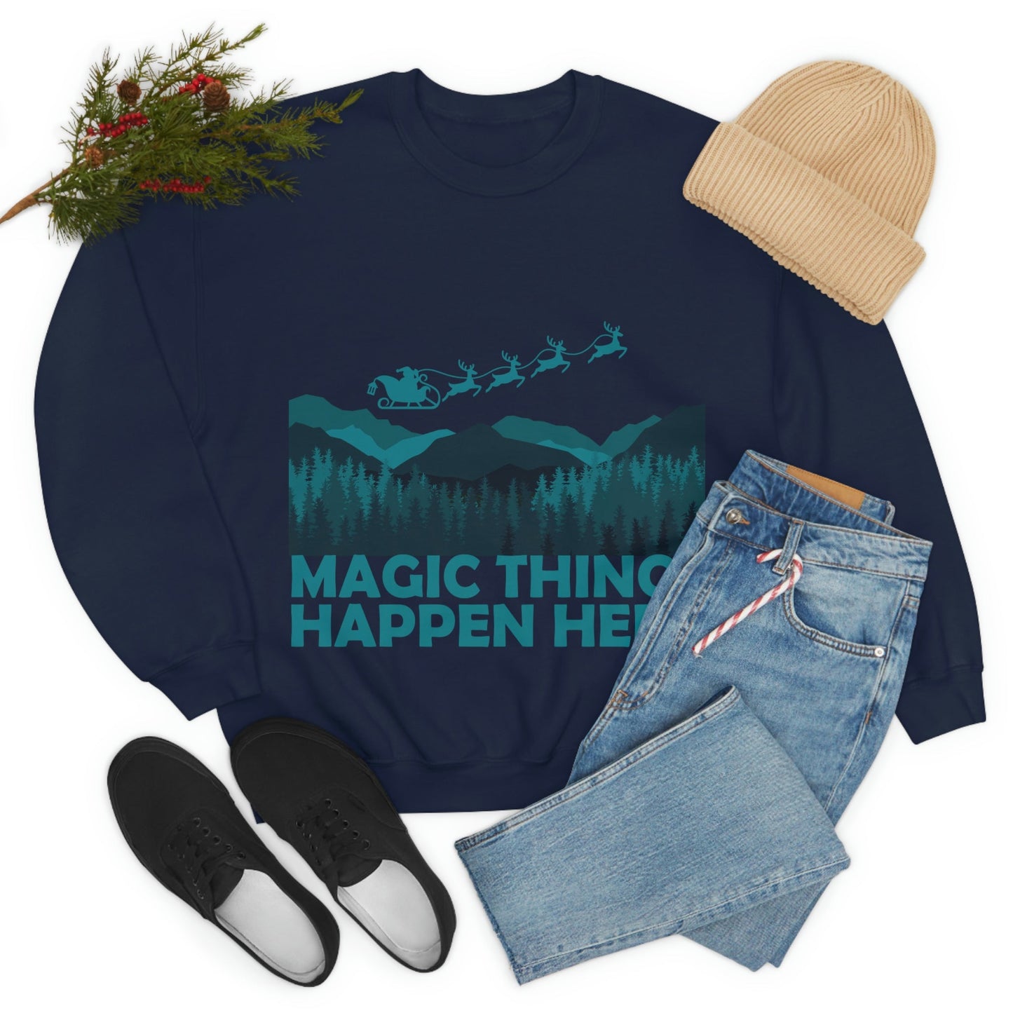 Magic Things Happen Here Santa Merry Christmas Unisex Heavy Blend™ Crewneck Sweatshirt Ichaku [Perfect Gifts Selection]