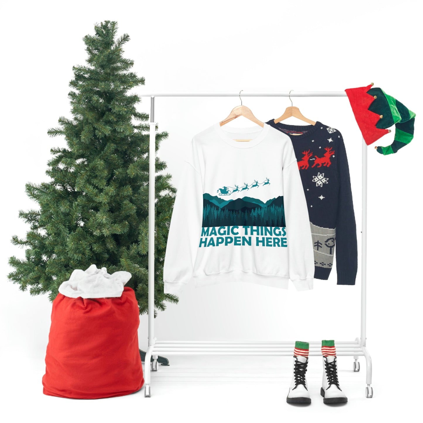 Magic Things Happen Here Santa Merry Christmas Unisex Heavy Blend™ Crewneck Sweatshirt Ichaku [Perfect Gifts Selection]