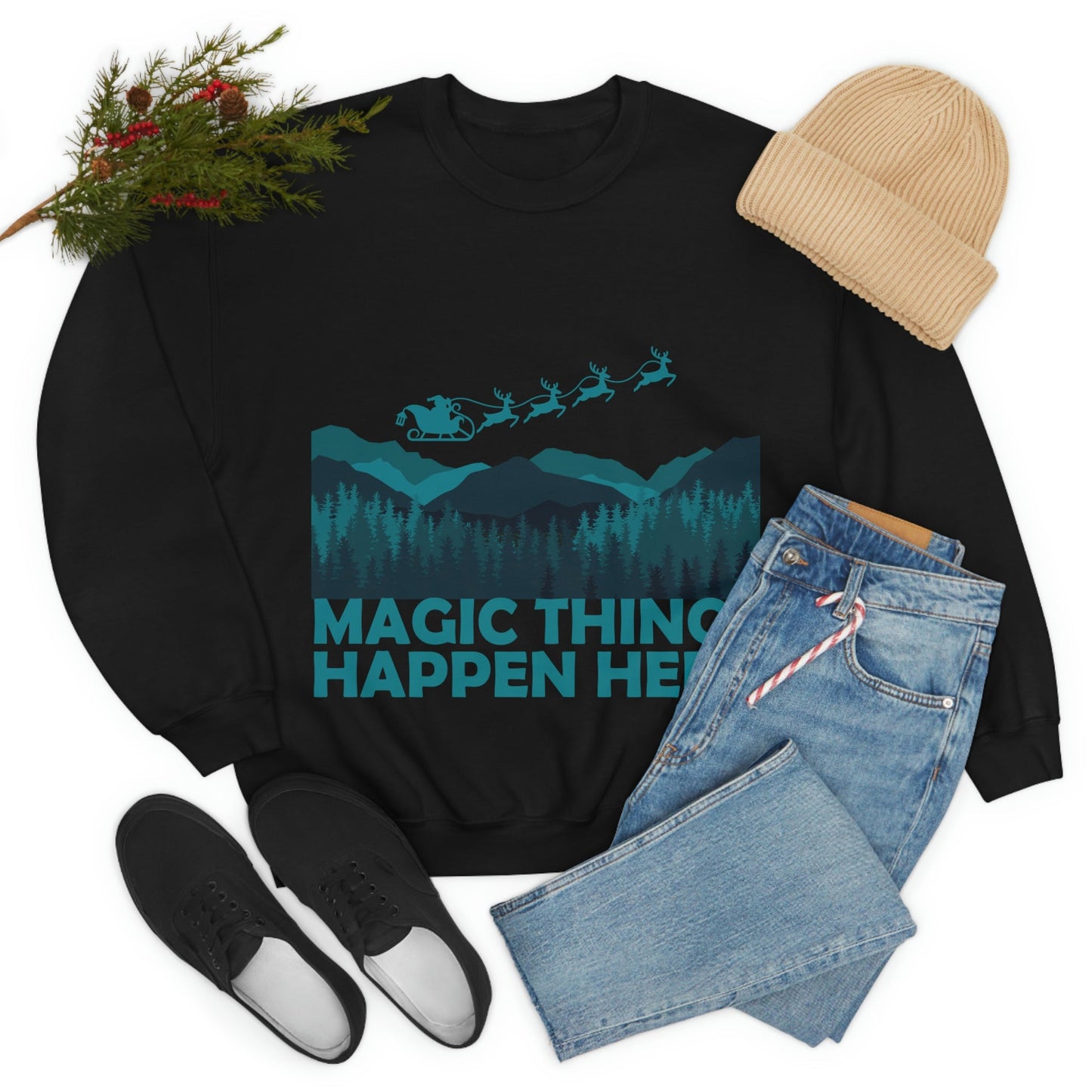 Magic Things Happen Here Santa Merry Christmas Unisex Heavy Blend™ Crewneck Sweatshirt Ichaku [Perfect Gifts Selection]