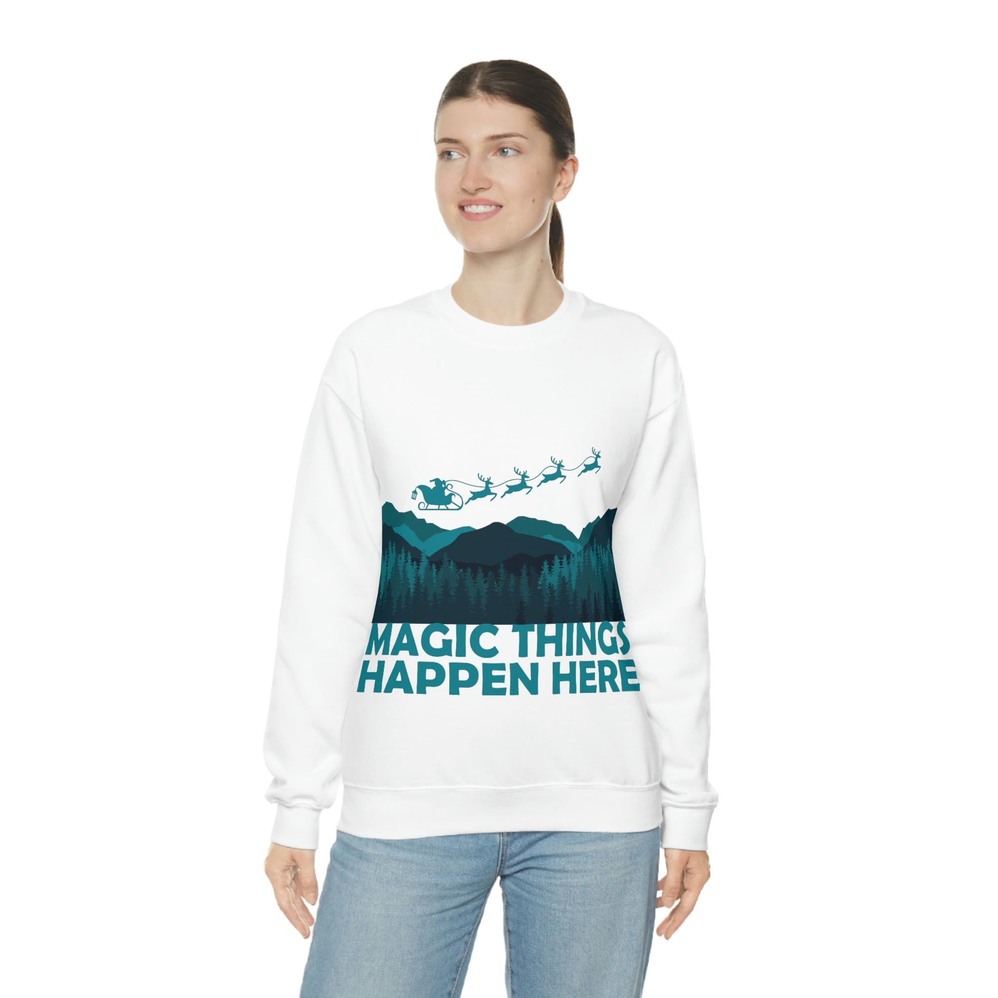 Magic Things Happen Here Santa Merry Christmas Unisex Heavy Blend™ Crewneck Sweatshirt Ichaku [Perfect Gifts Selection]