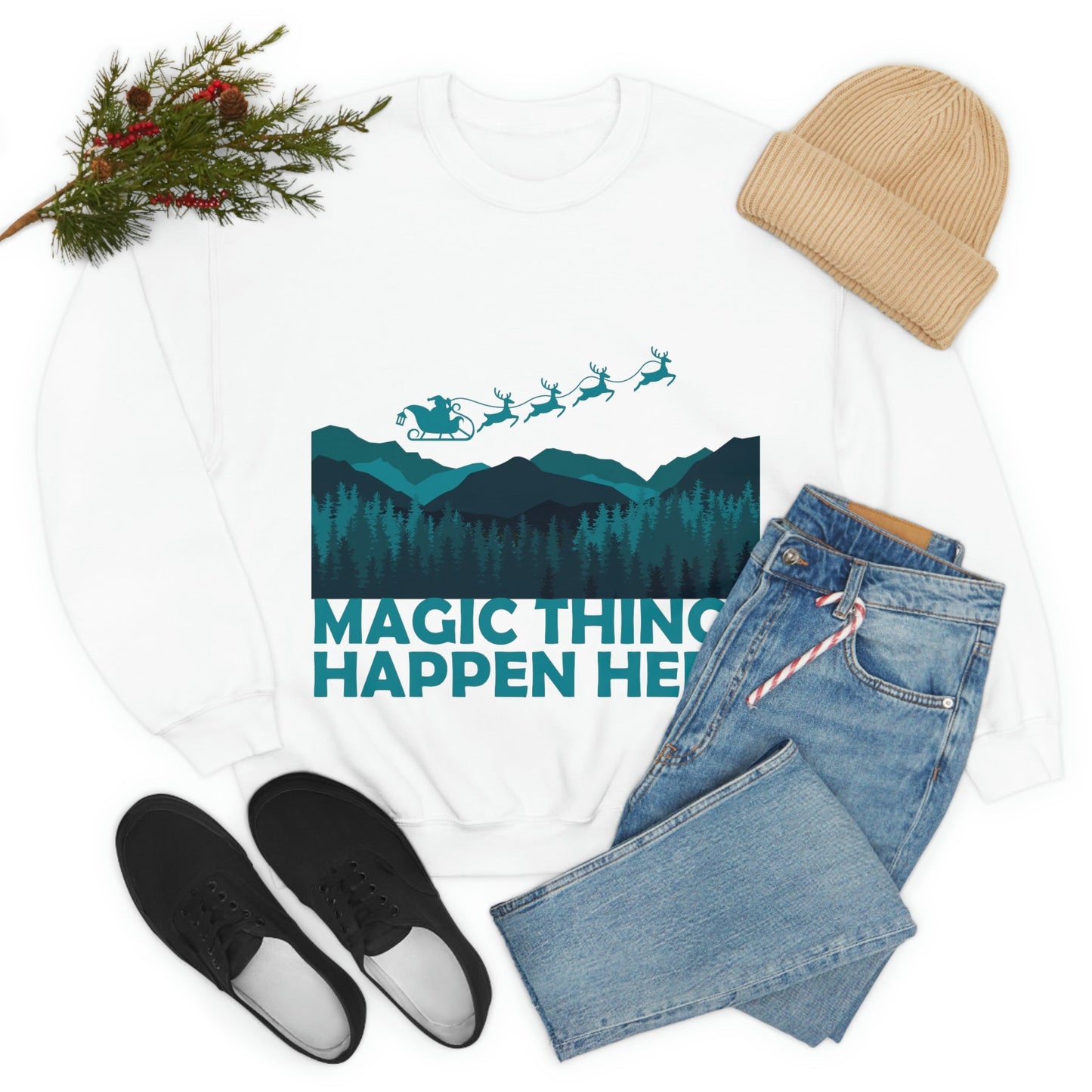 Magic Things Happen Here Santa Merry Christmas Unisex Heavy Blend™ Crewneck Sweatshirt Ichaku [Perfect Gifts Selection]