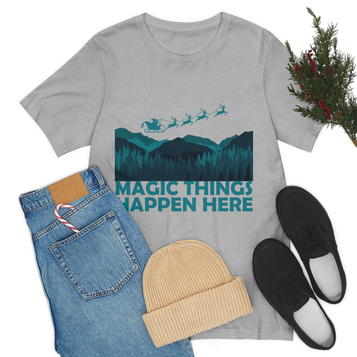 Magic Things Happen Here Santa Merry Christmas Unisex Jersey Short Sleeve T-Shirt Ichaku [Perfect Gifts Selection]