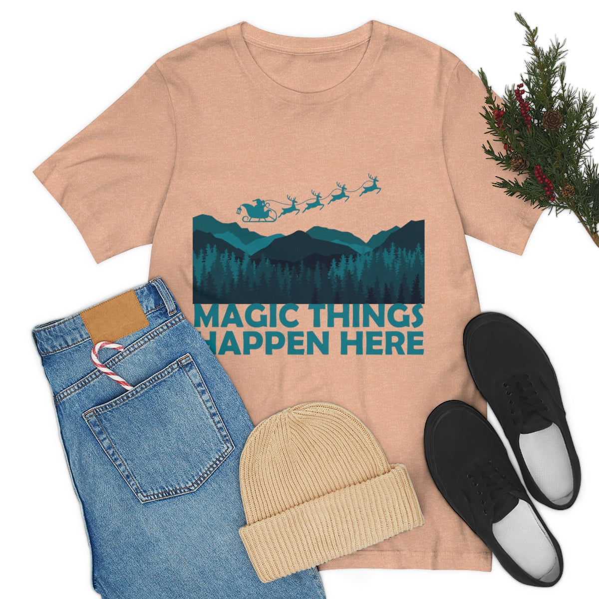 Magic Things Happen Here Santa Merry Christmas Unisex Jersey Short Sleeve T-Shirt Ichaku [Perfect Gifts Selection]