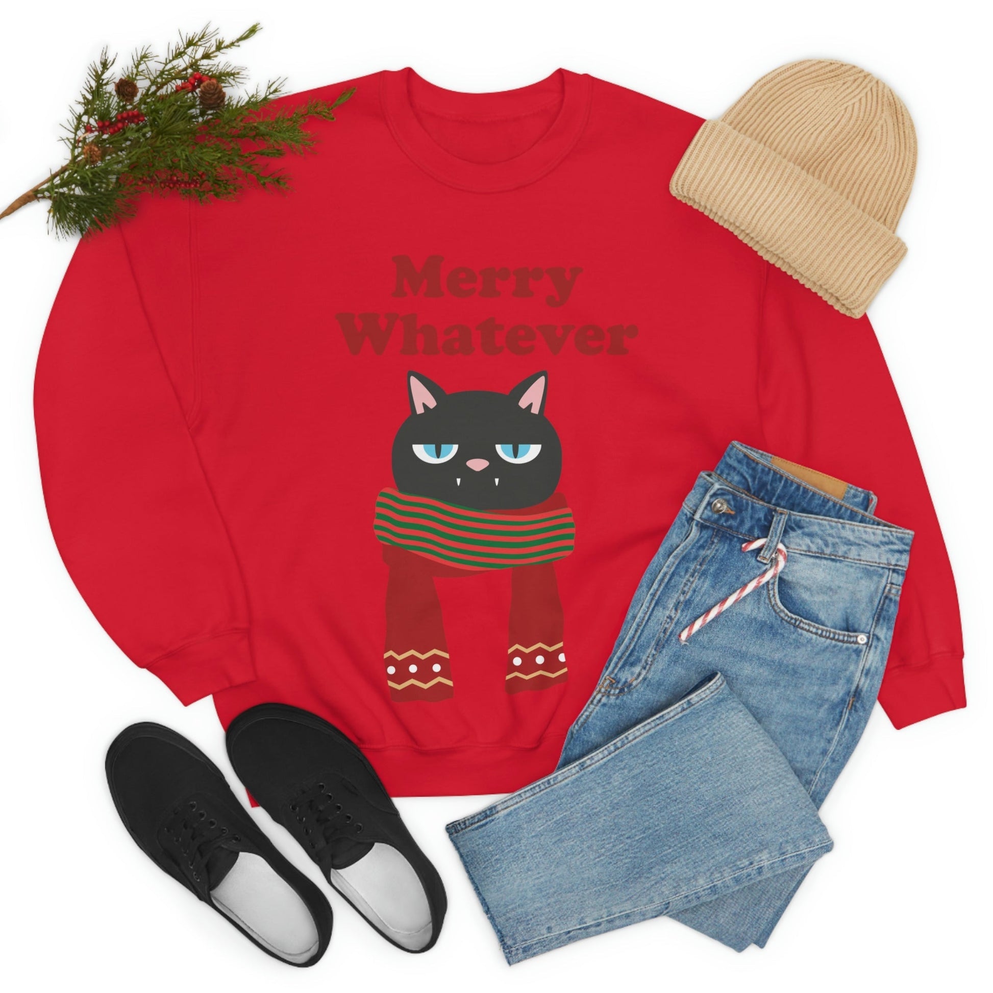 Merry Whatever Angry Christmas Cat Unisex Heavy Blend™ Crewneck Sweatshirt Ichaku [Perfect Gifts Selection]