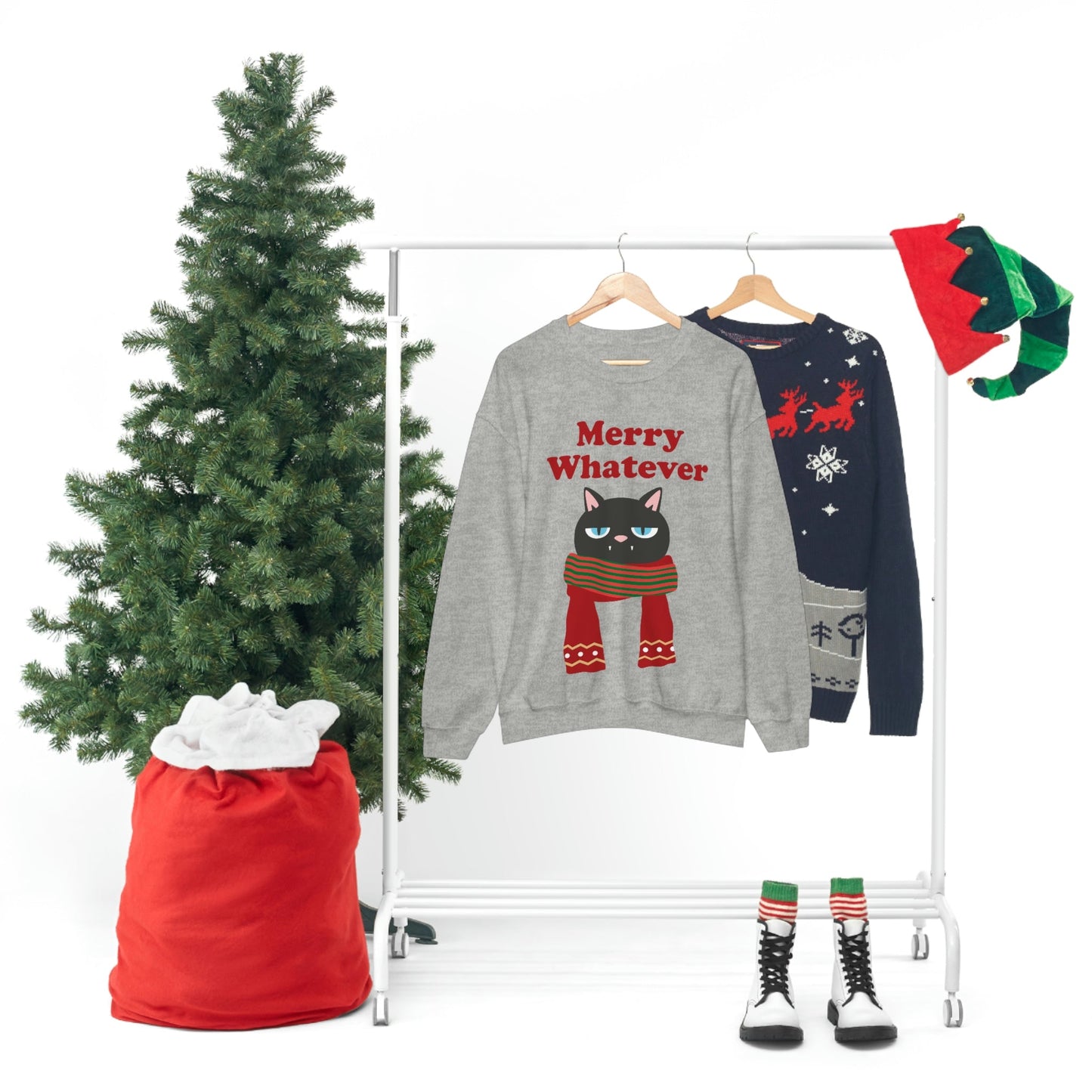 Merry Whatever Angry Christmas Cat Unisex Heavy Blend™ Crewneck Sweatshirt Ichaku [Perfect Gifts Selection]