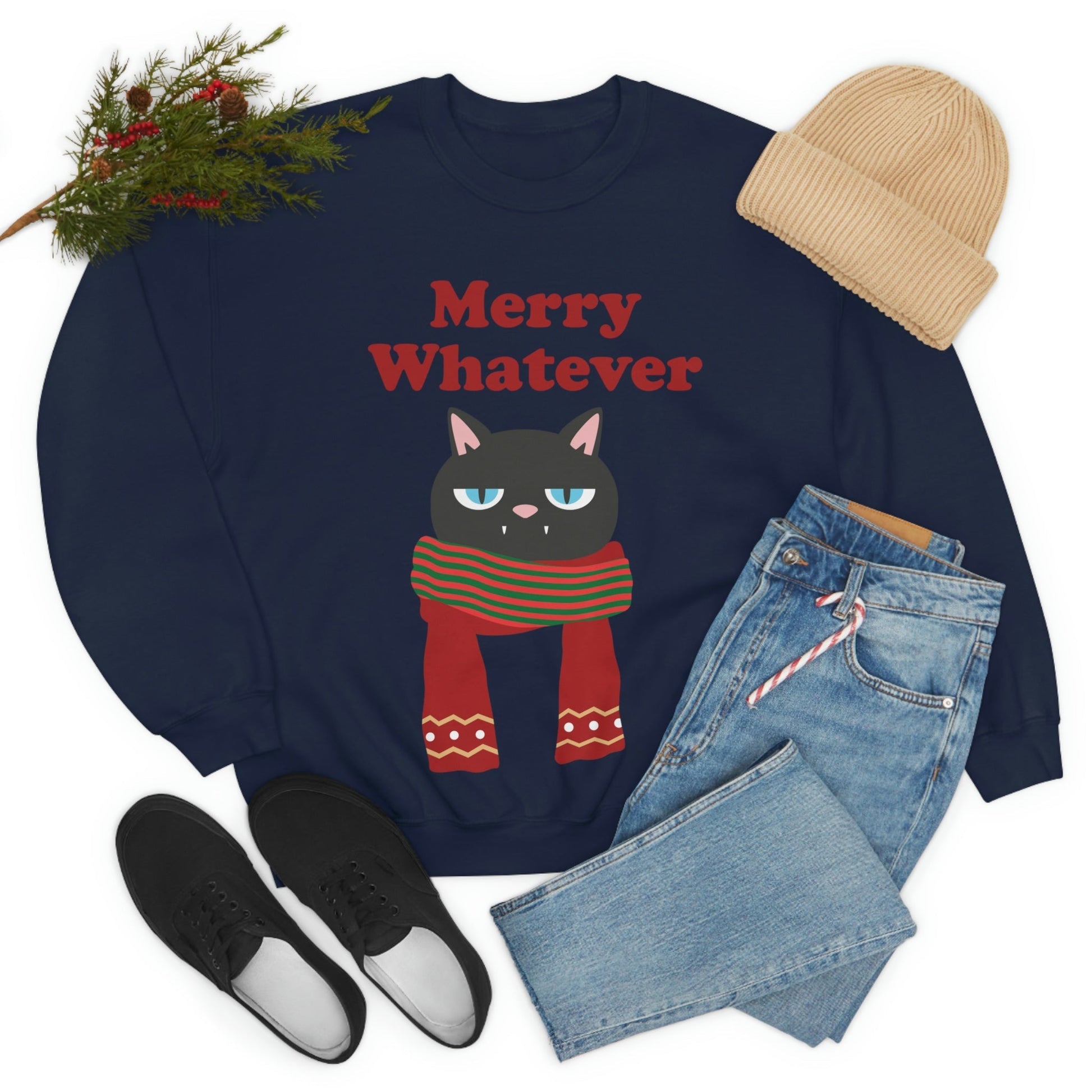 Merry Whatever Angry Christmas Cat Unisex Heavy Blend™ Crewneck Sweatshirt Ichaku [Perfect Gifts Selection]