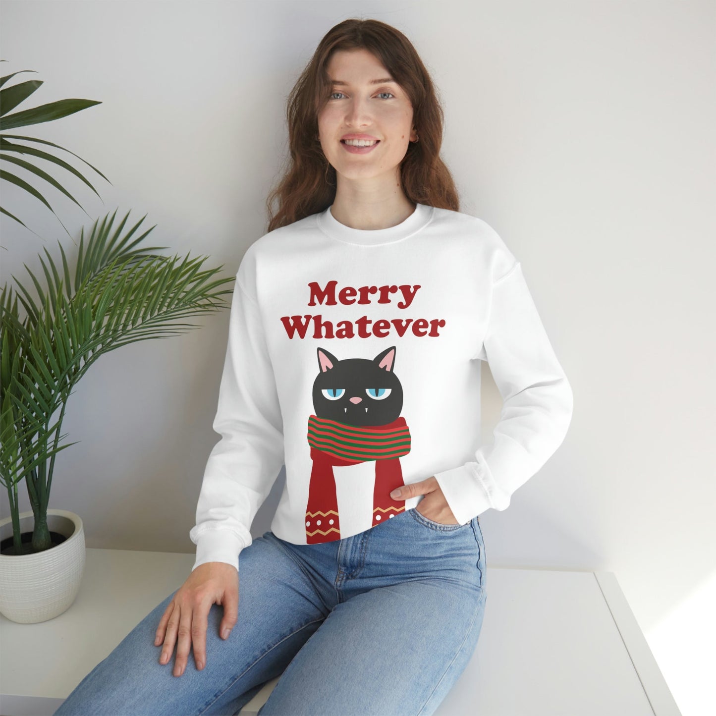 Merry Whatever Angry Christmas Cat Unisex Heavy Blend™ Crewneck Sweatshirt Ichaku [Perfect Gifts Selection]