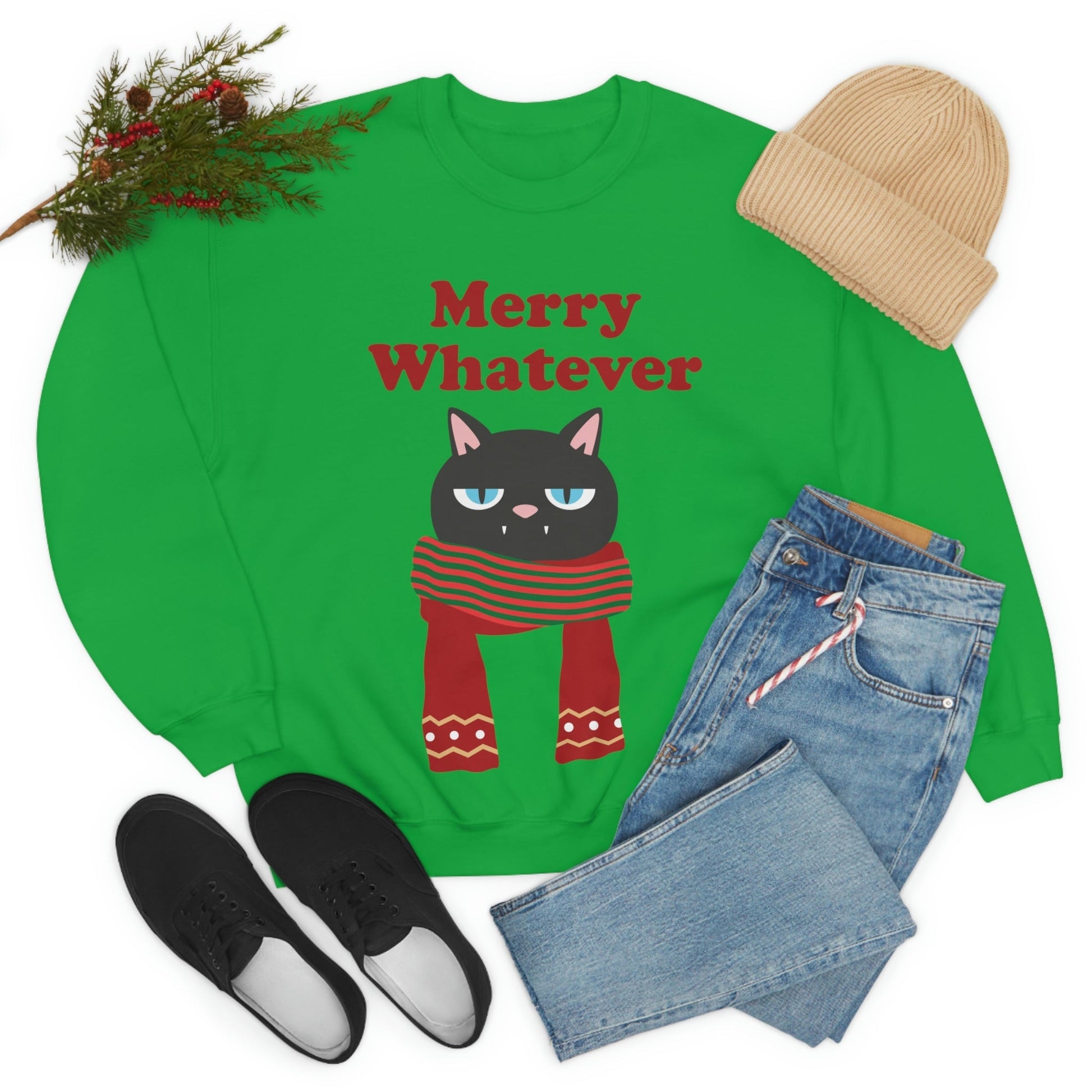 Merry Whatever Angry Christmas Cat Unisex Heavy Blend™ Crewneck Sweatshirt Ichaku [Perfect Gifts Selection]