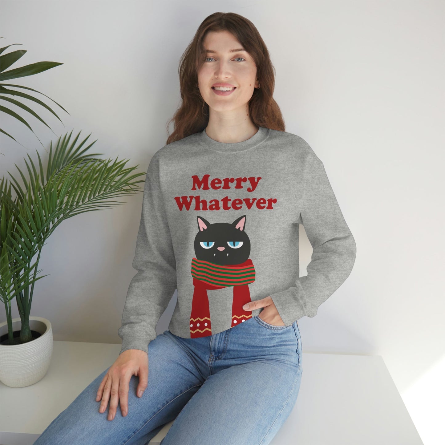 Merry Whatever Angry Christmas Cat Unisex Heavy Blend™ Crewneck Sweatshirt Ichaku [Perfect Gifts Selection]