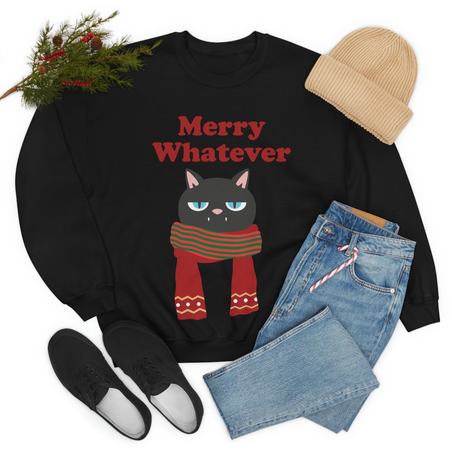 Merry Whatever Angry Christmas Cat Unisex Heavy Blend™ Crewneck Sweatshirt Ichaku [Perfect Gifts Selection]