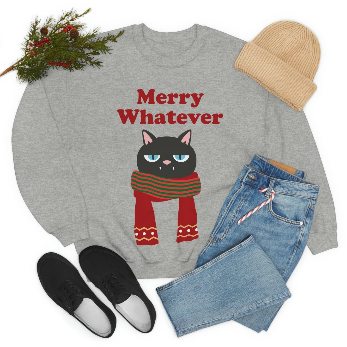 Merry Whatever Angry Christmas Cat Unisex Heavy Blend™ Crewneck Sweatshirt Ichaku [Perfect Gifts Selection]