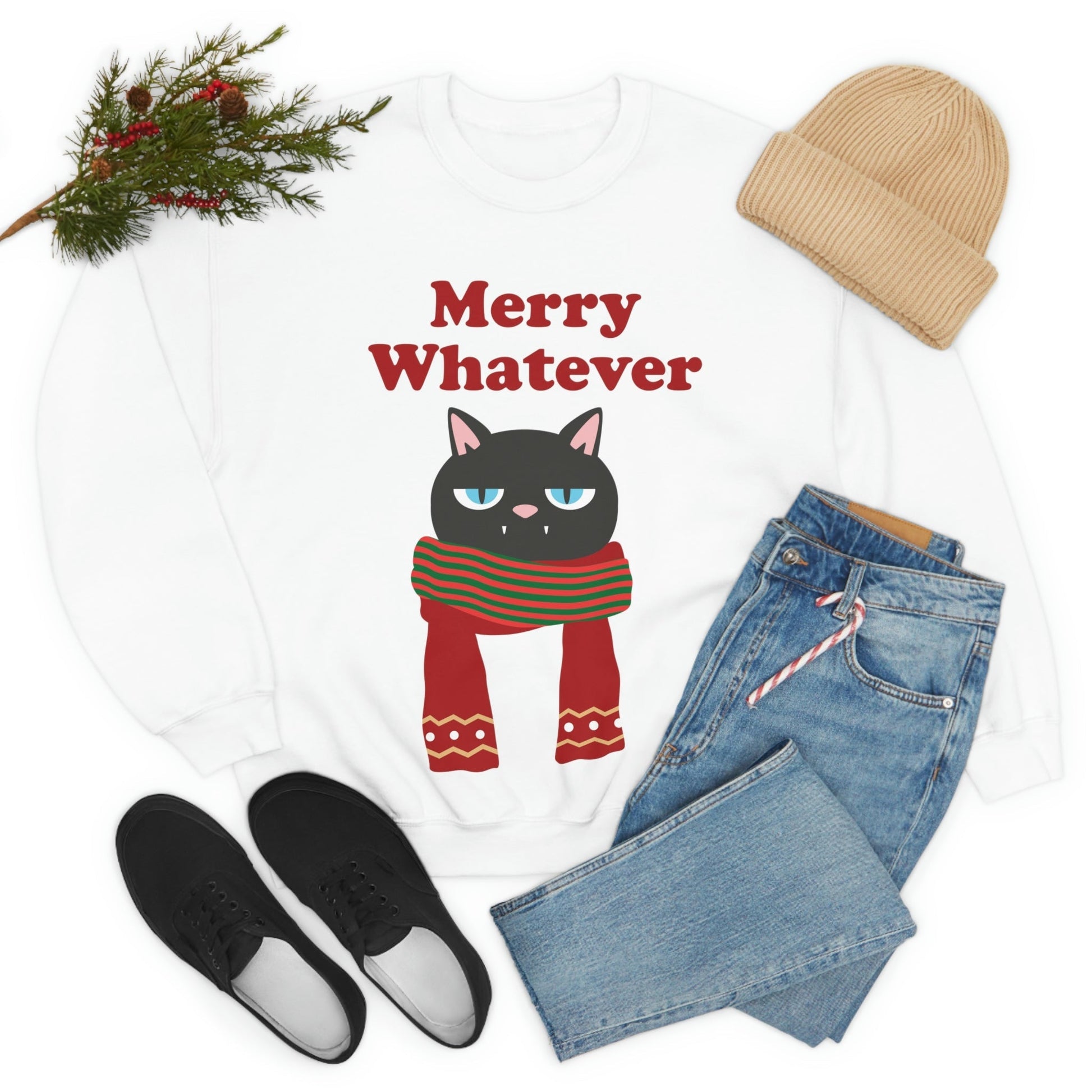 Merry Whatever Angry Christmas Cat Unisex Heavy Blend™ Crewneck Sweatshirt Ichaku [Perfect Gifts Selection]