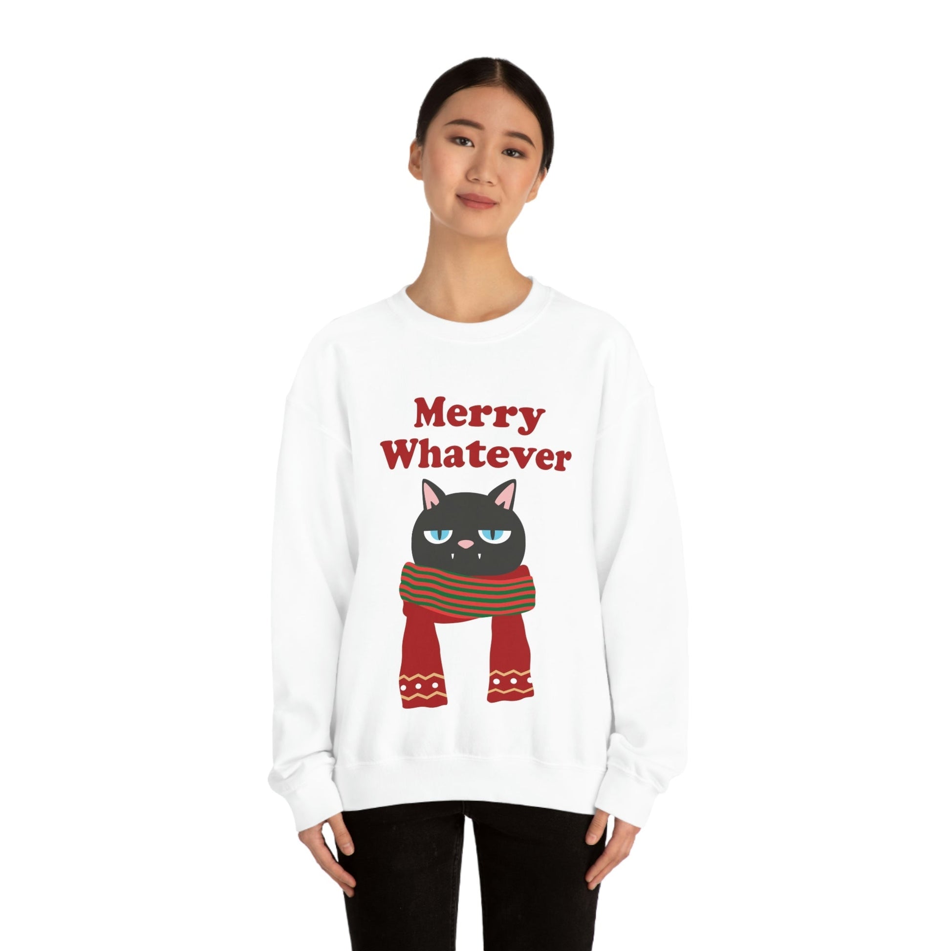 Merry Whatever Angry Christmas Cat Unisex Heavy Blend™ Crewneck Sweatshirt Ichaku [Perfect Gifts Selection]