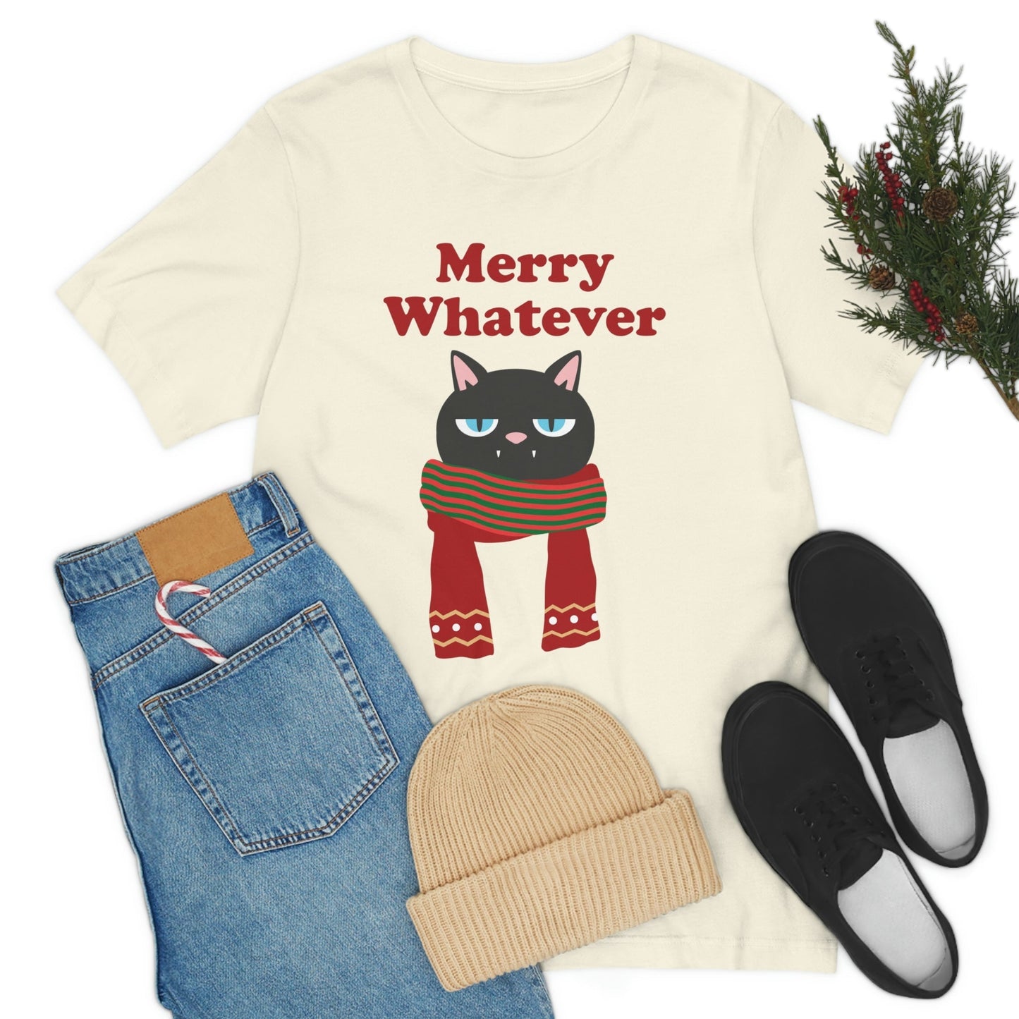 Merry Whatever Angry Christmas Cat Unisex Jersey Short Sleeve T-Shirt Ichaku [Perfect Gifts Selection]