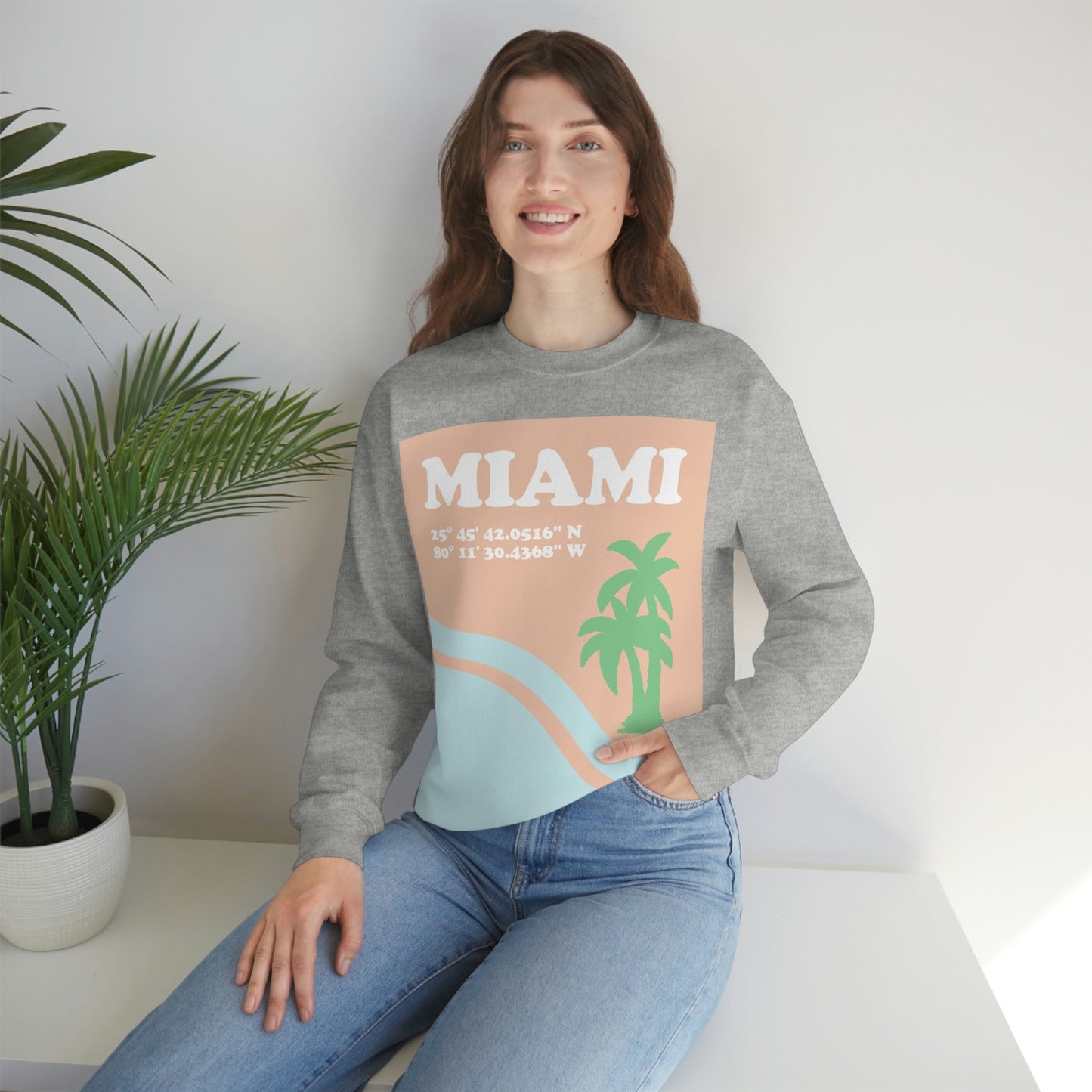 Miami Beach Florida Coordinates Minimal Art Unisex Heavy Blend™ Crewneck Sweatshirt Ichaku [Perfect Gifts Selection]