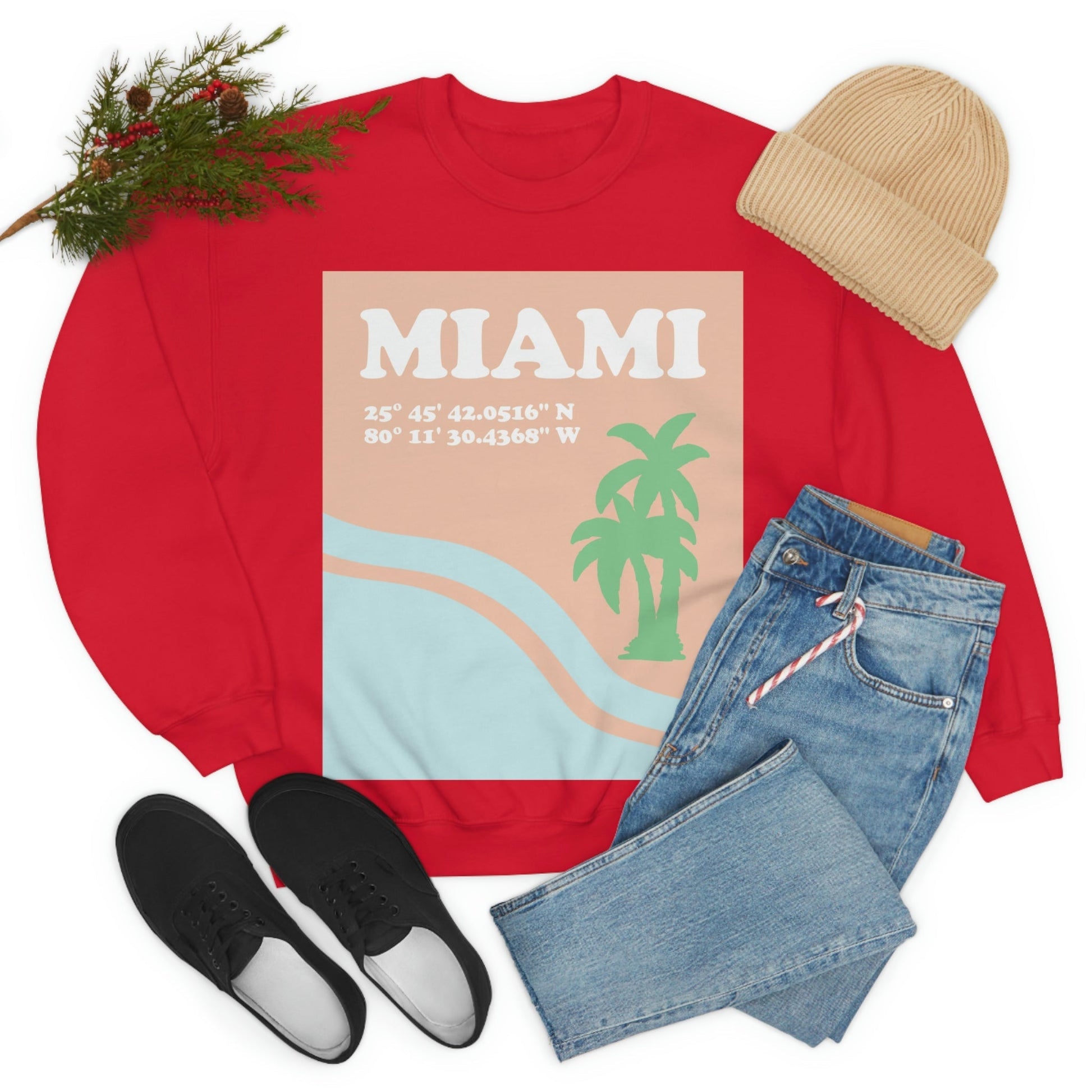 Miami Beach Florida Coordinates Minimal Art Unisex Heavy Blend™ Crewneck Sweatshirt Ichaku [Perfect Gifts Selection]