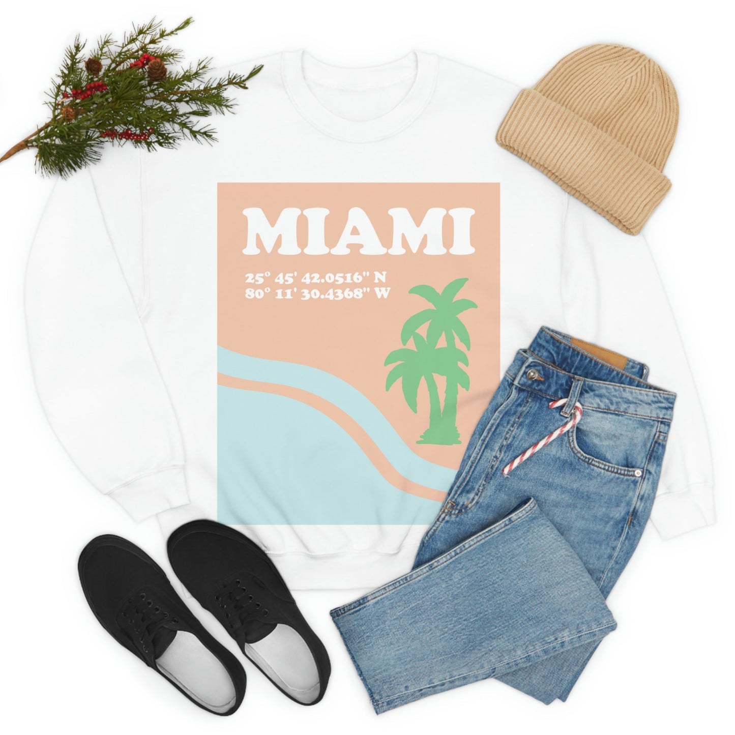 Miami Beach Florida Coordinates Minimal Art Unisex Heavy Blend™ Crewneck Sweatshirt Ichaku [Perfect Gifts Selection]