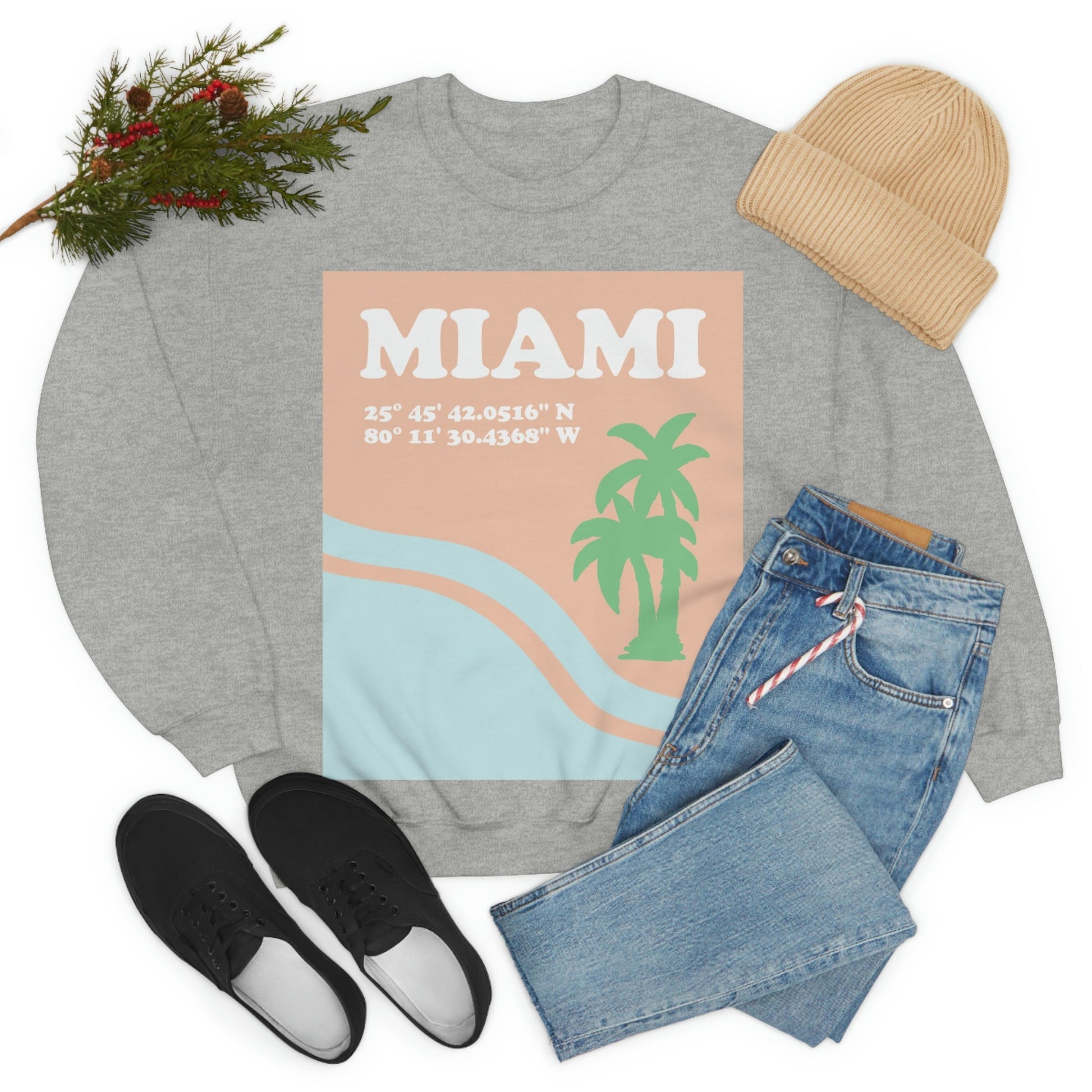 Miami Beach Florida Coordinates Minimal Art Unisex Heavy Blend™ Crewneck Sweatshirt Ichaku [Perfect Gifts Selection]