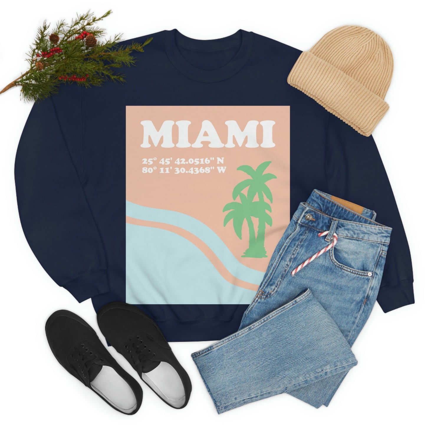 Miami Beach Florida Coordinates Minimal Art Unisex Heavy Blend™ Crewneck Sweatshirt Ichaku [Perfect Gifts Selection]