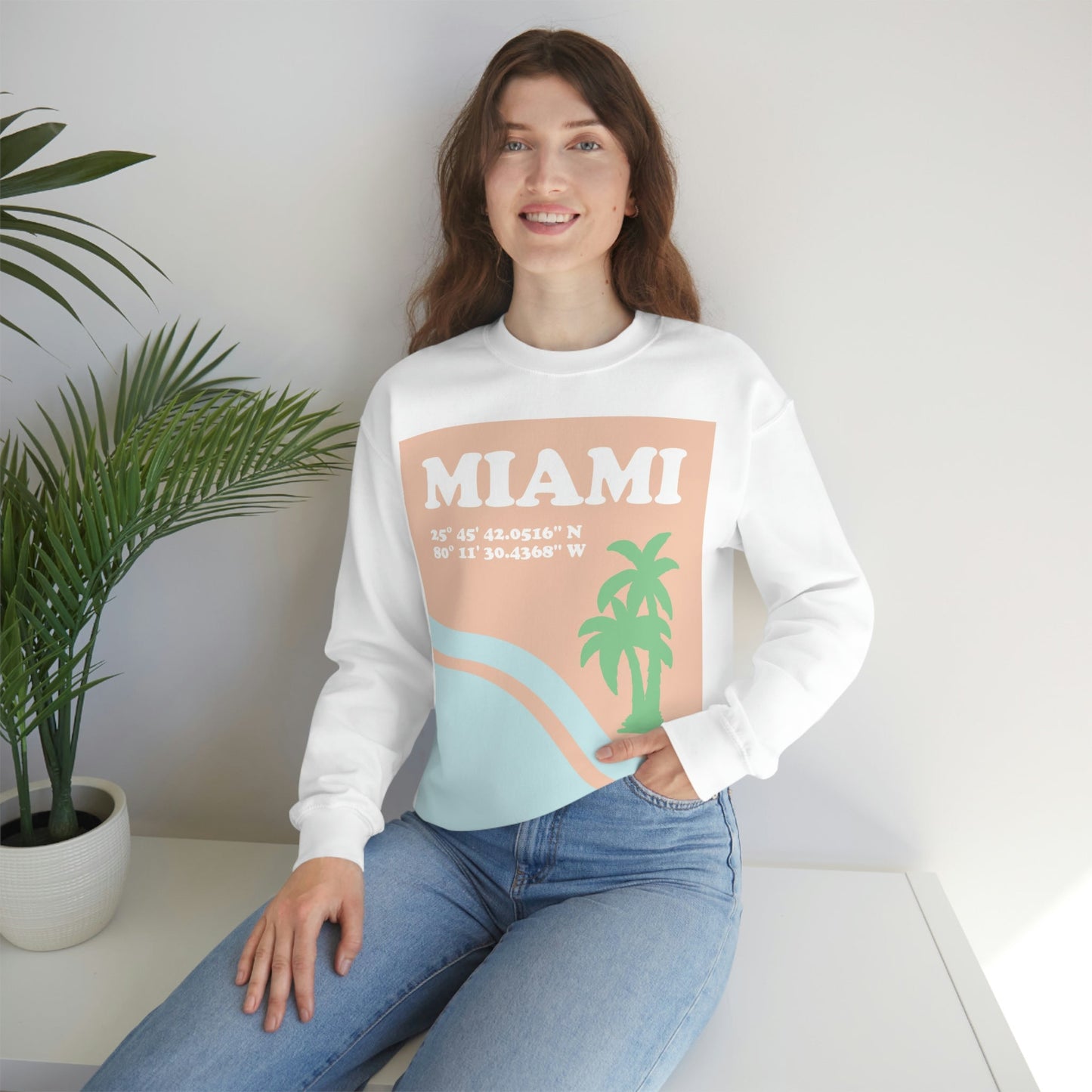 Miami Beach Florida Coordinates Minimal Art Unisex Heavy Blend™ Crewneck Sweatshirt Ichaku [Perfect Gifts Selection]