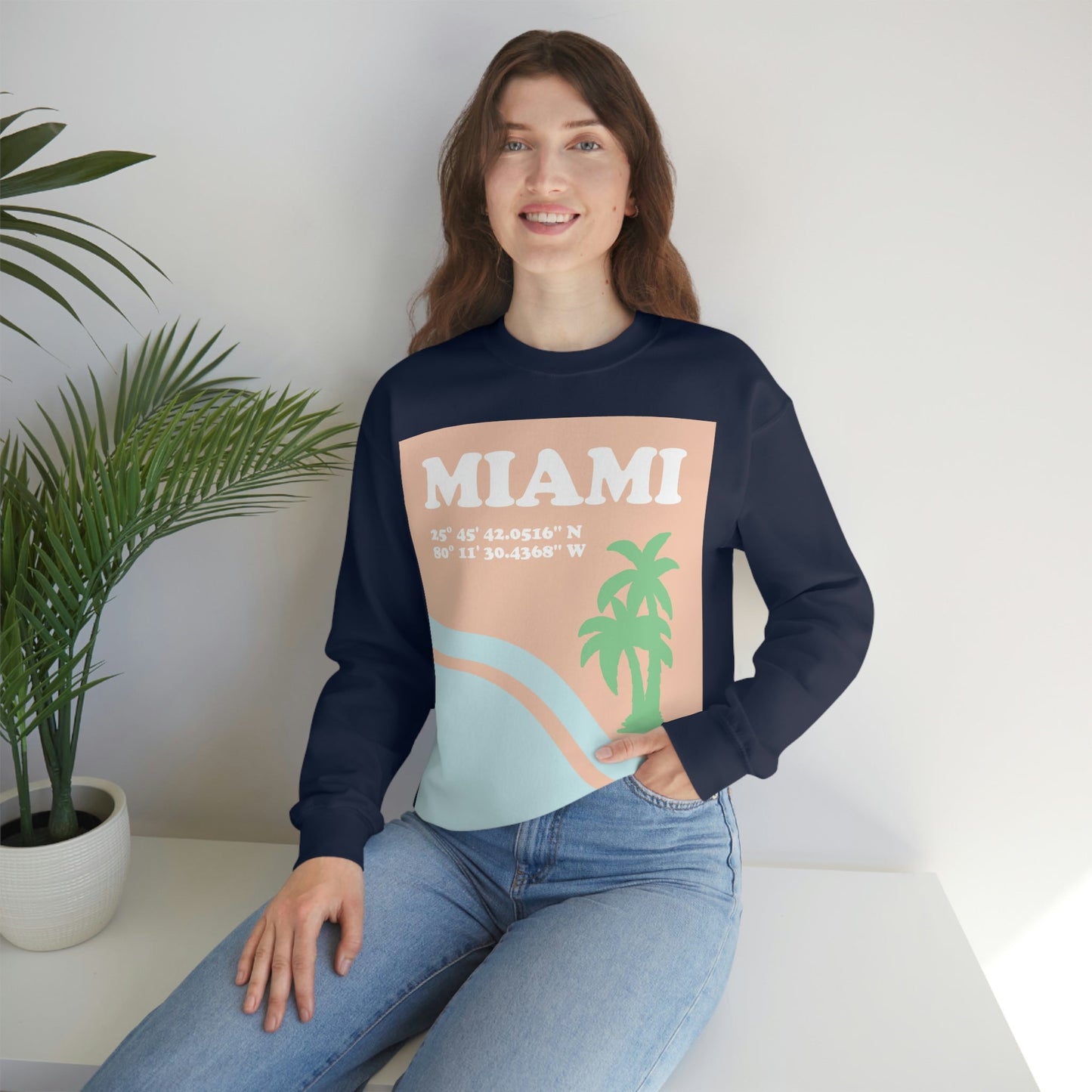 Miami Beach Florida Coordinates Minimal Art Unisex Heavy Blend™ Crewneck Sweatshirt Ichaku [Perfect Gifts Selection]