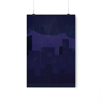 Midnight Rain In The City Thunderstorm City Silhouette View Art Premium Matte Vertical Posters Ichaku [Perfect Gifts Selection]